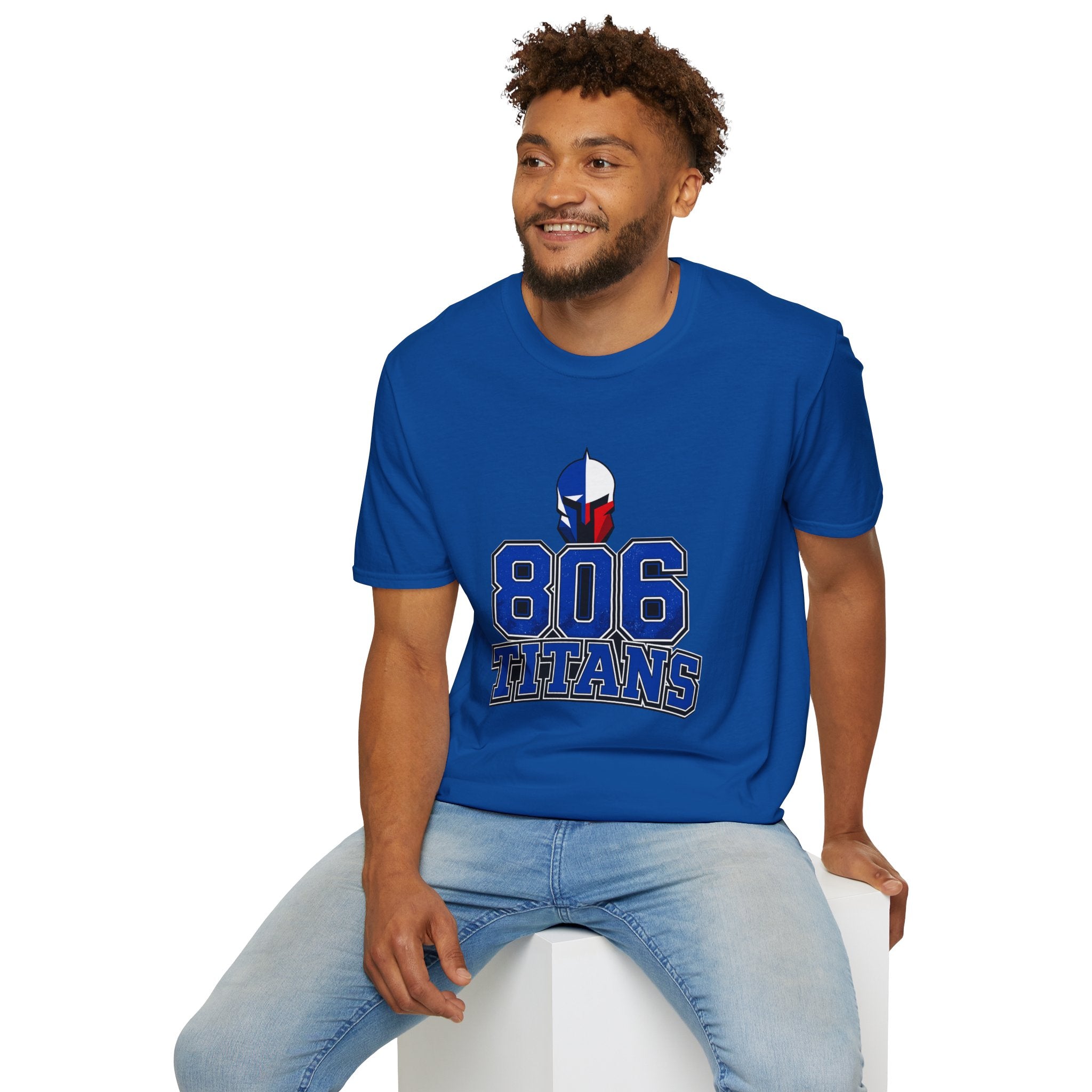 806 Titans T-Shirt — Spartan Helmet Logo Blue & Red Sports Tee