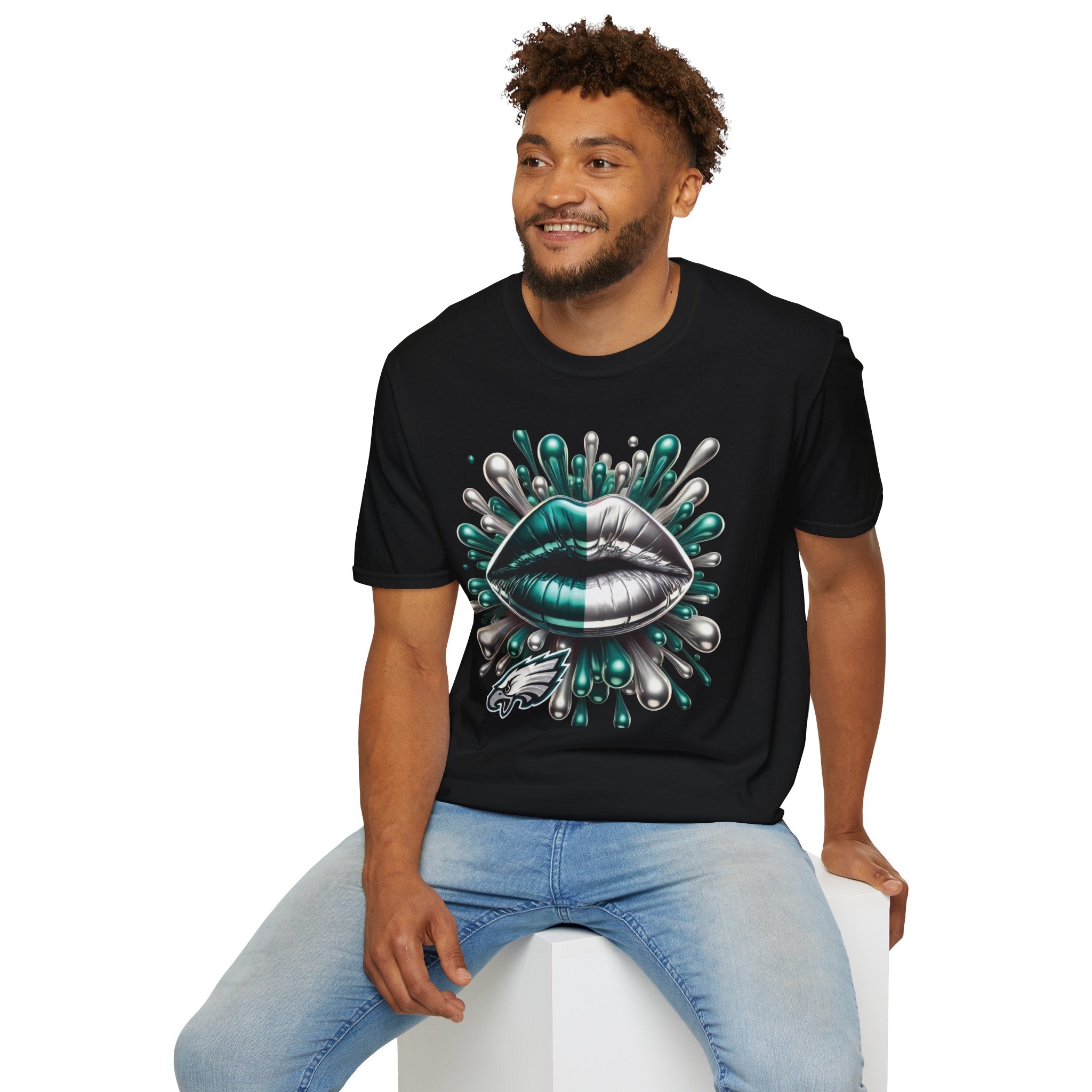 Graphic Tee — Metallic Teal & Silver Lip Splash Design