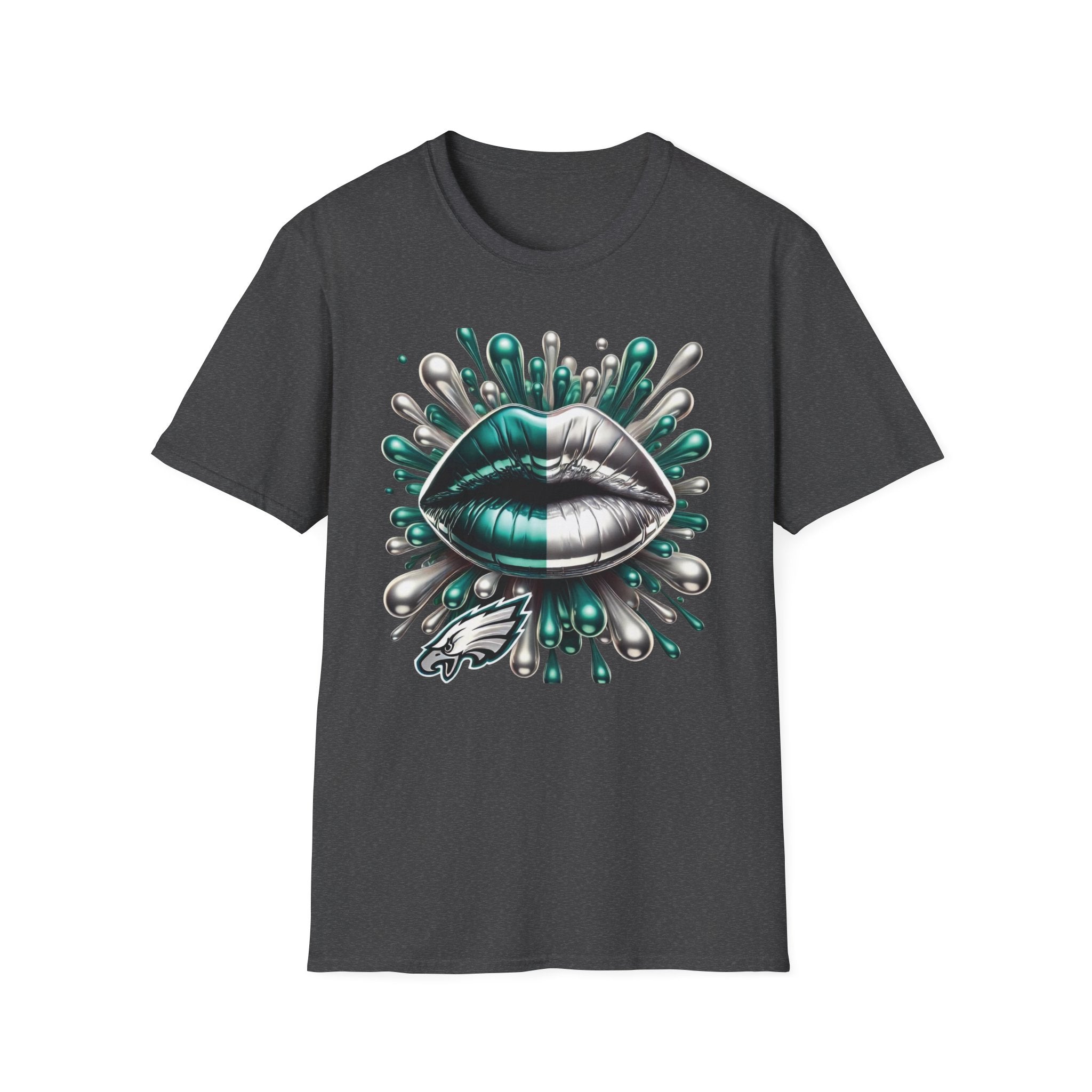 Graphic Tee — Metallic Teal & Silver Lip Splash Design