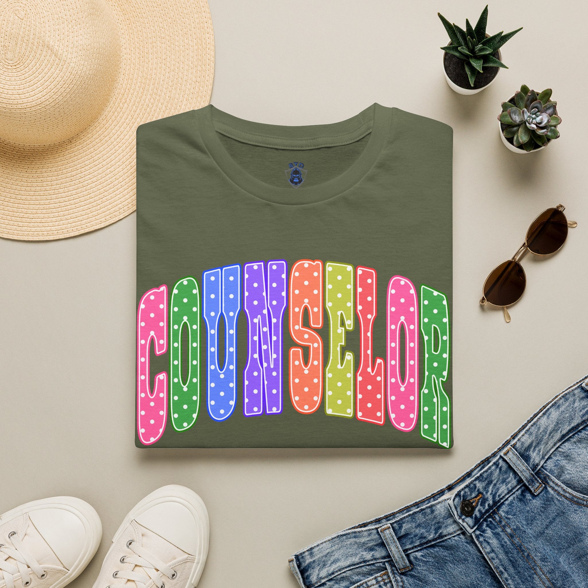 Counselor Rainbow Polka Dot T-Shirt — Colorful Retro School Staff Tee