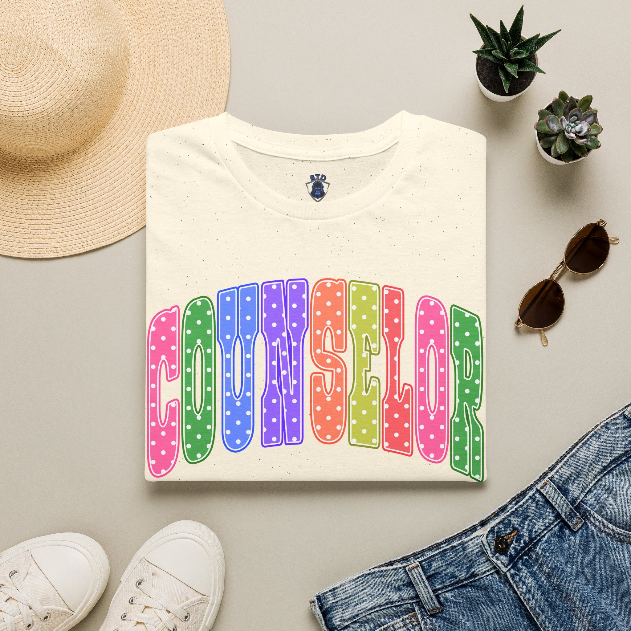 Counselor Rainbow Polka Dot T-Shirt — Colorful Retro School Staff Tee