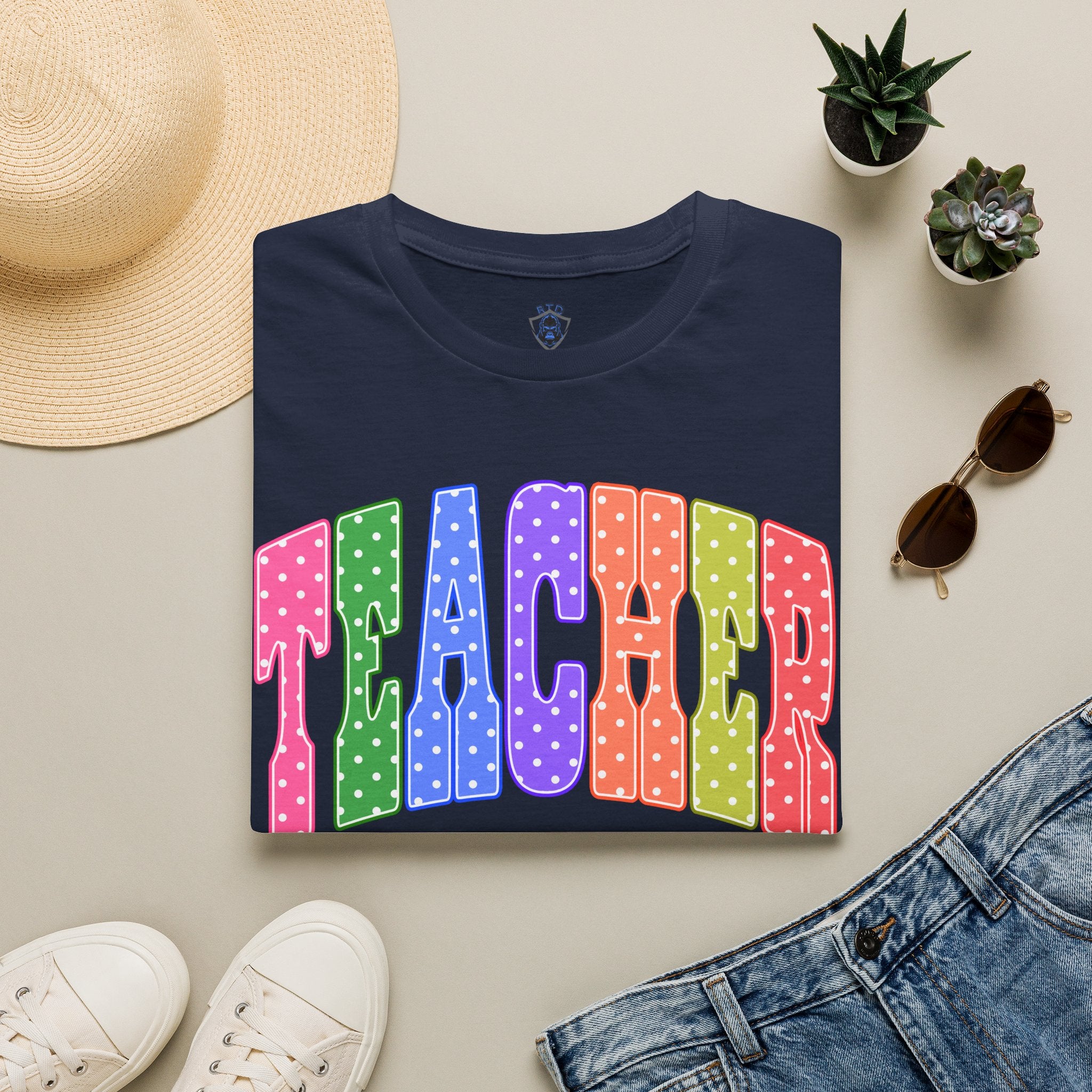 Teacher Colorblock Polka Dot T-Shirt — Bright Rainbow Educator Tee