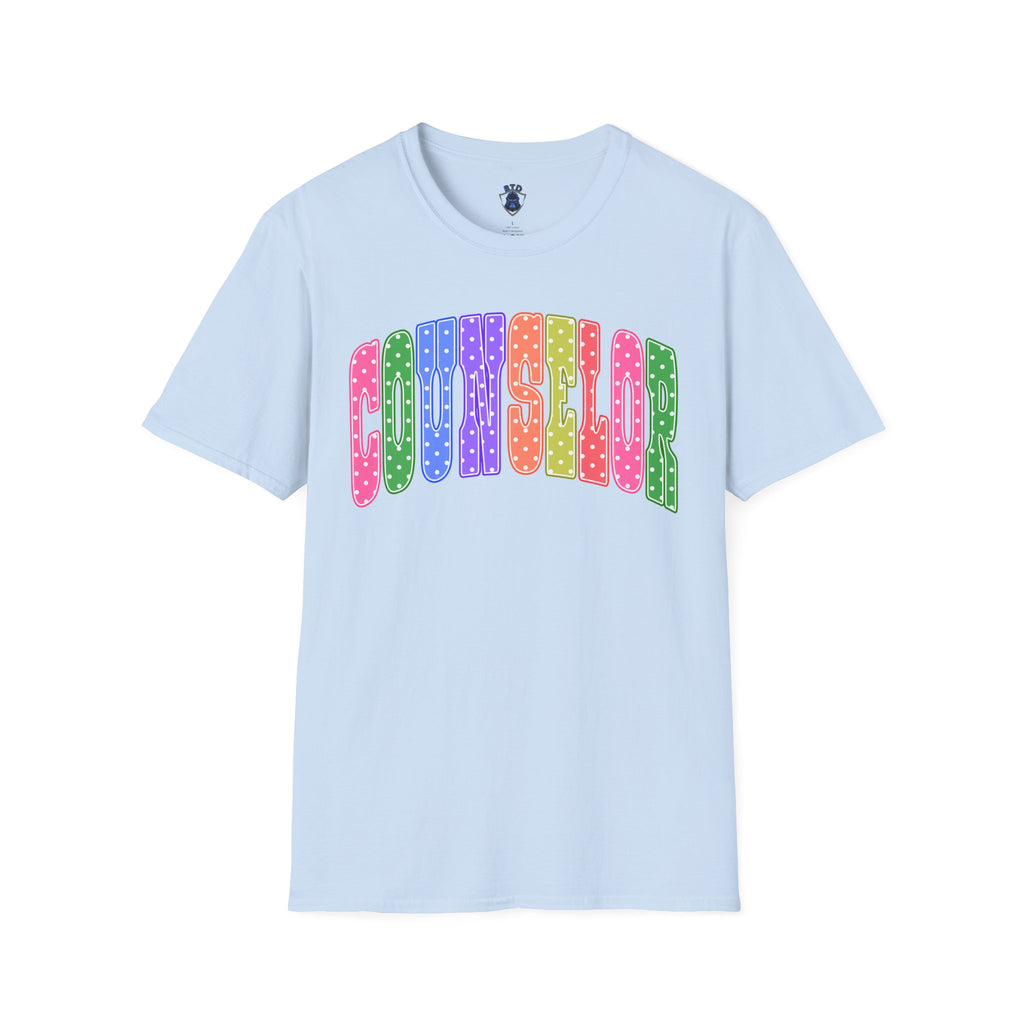 Counselor Rainbow Polka Dot T-Shirt — Colorful Retro School Staff Tee