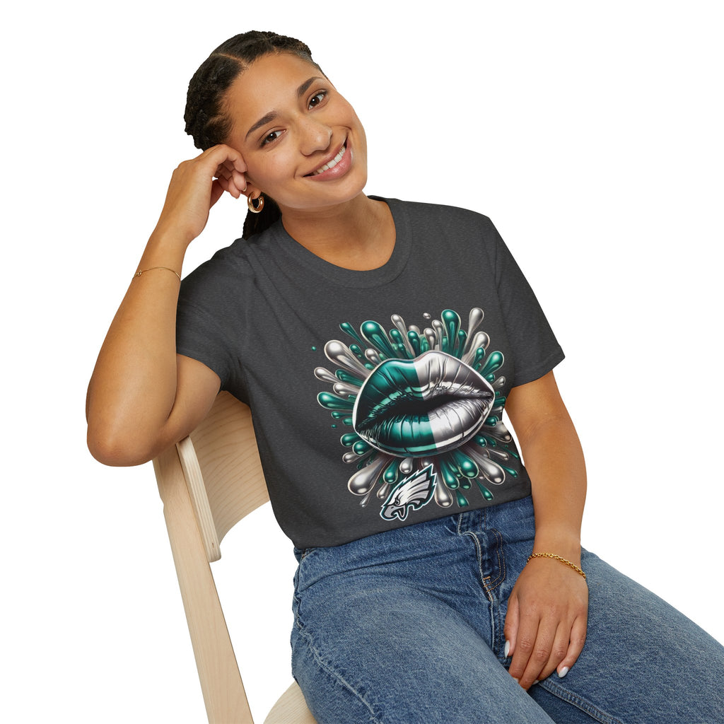 Graphic Tee — Metallic Teal & Silver Lip Splash Design