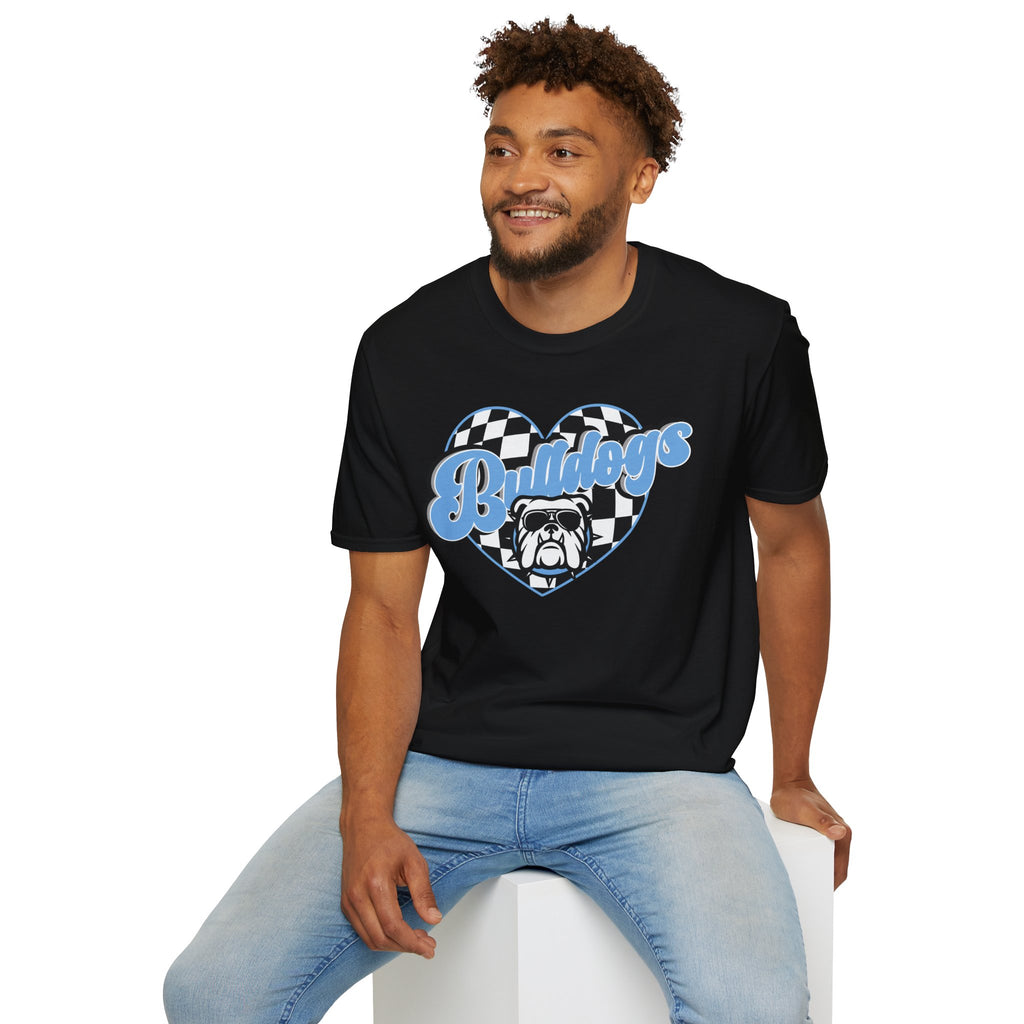 Bulldogs Heart Tee — Checkerboard Vintage Mascot Shirt