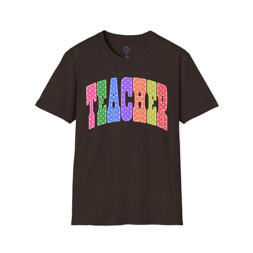 Teacher Colorblock Polka Dot T-Shirt — Bright Rainbow Educator Tee
