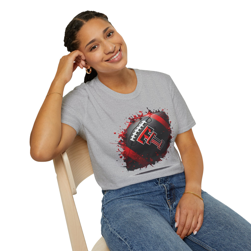 Texas Tech Football Tee — Red & Black Splash Football Design