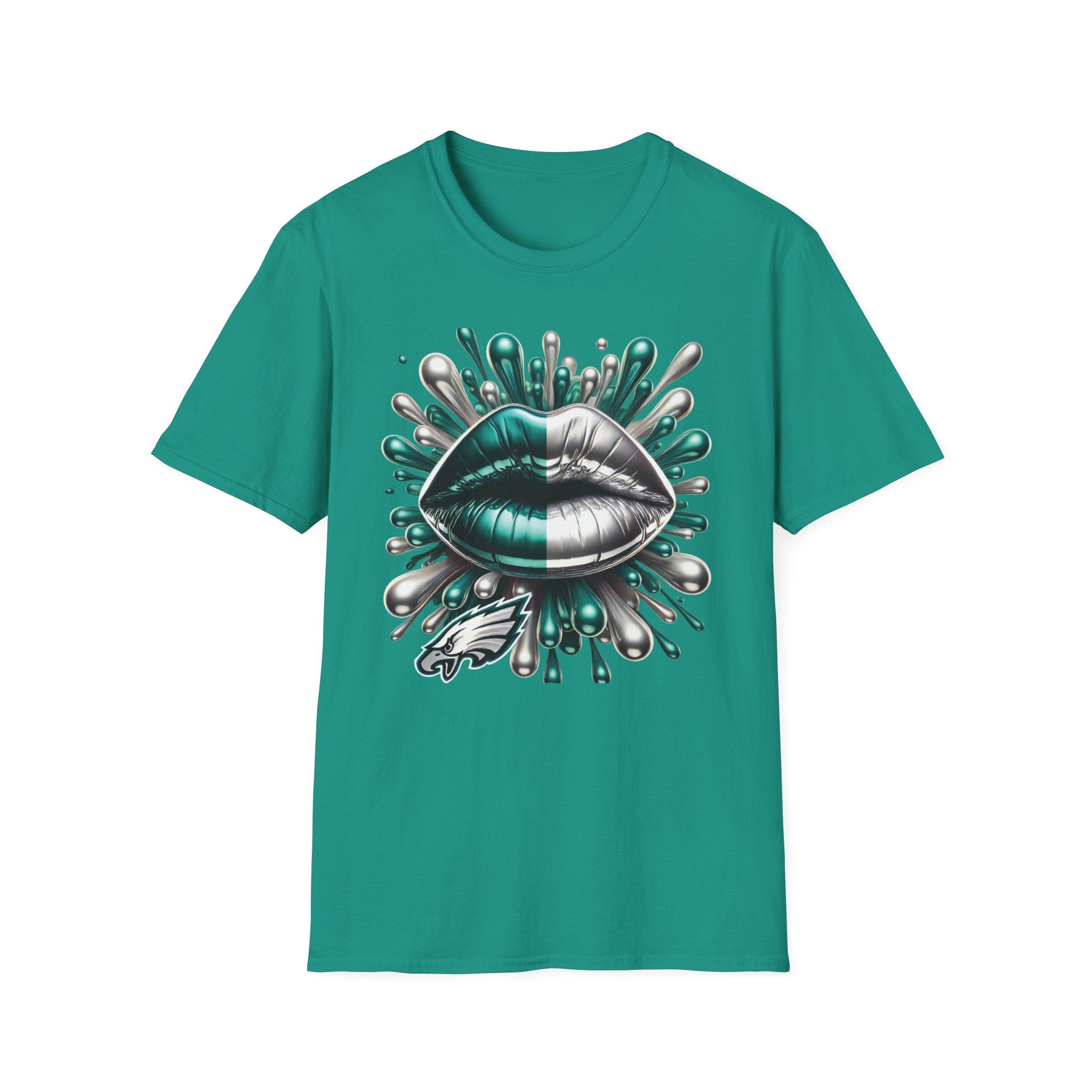 Graphic Tee — Metallic Teal & Silver Lip Splash Design