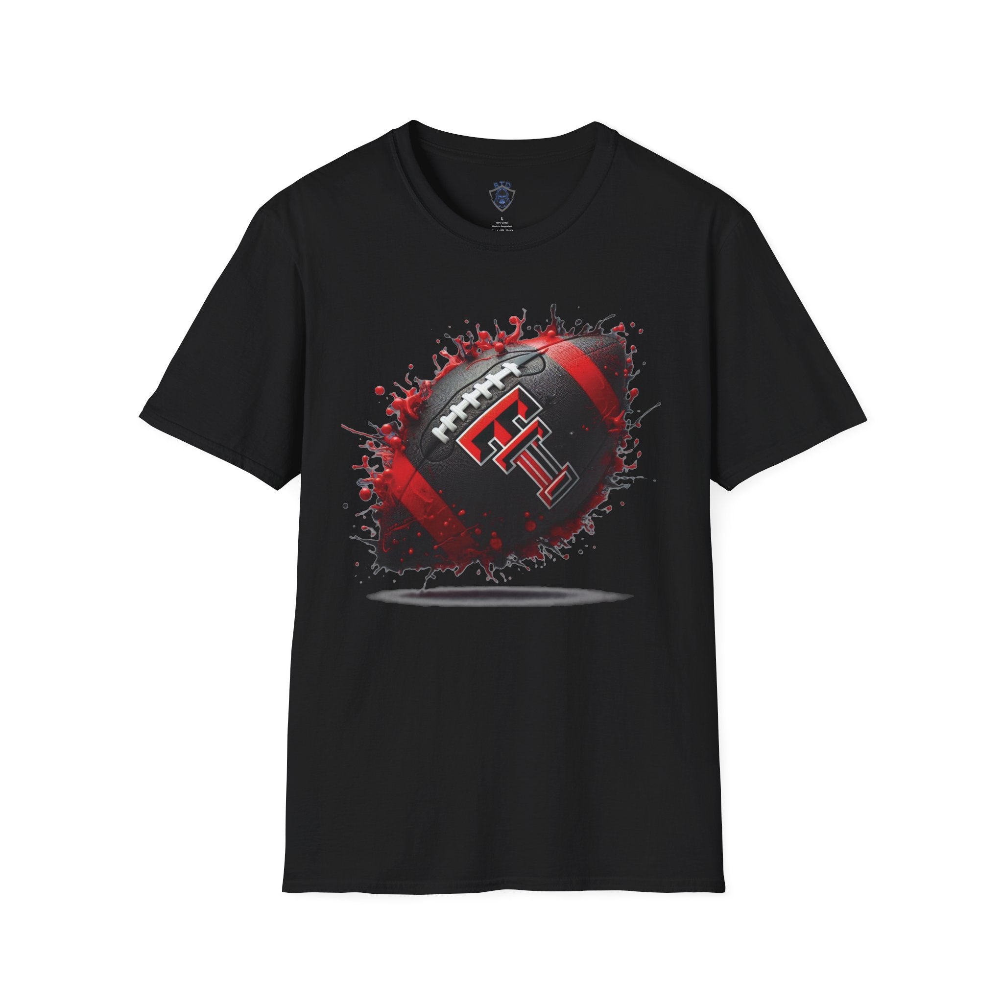 Texas Tech Football Tee — Red & Black Splash Football Design