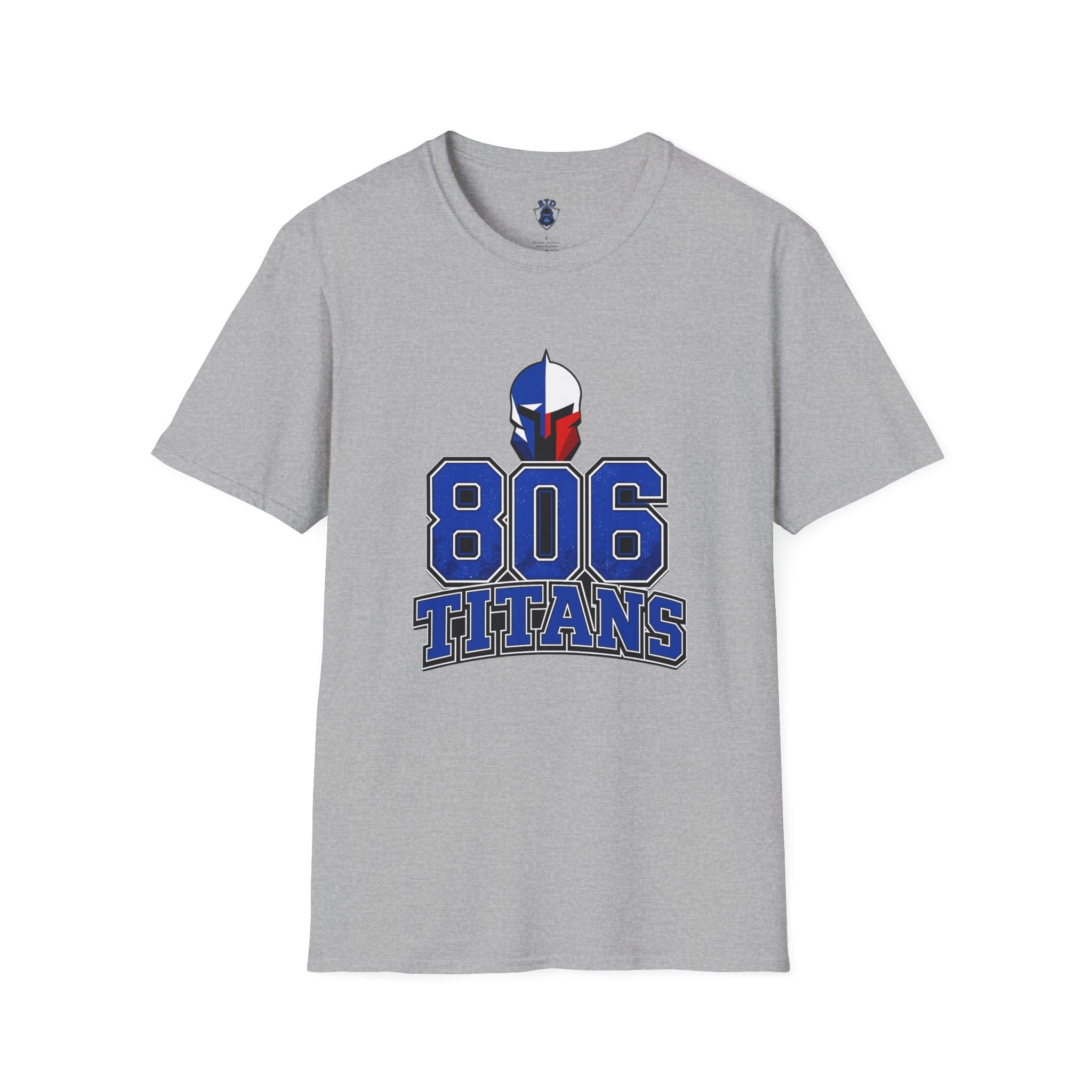 806 Titans T-Shirt — Spartan Helmet Logo Blue & Red Sports Tee