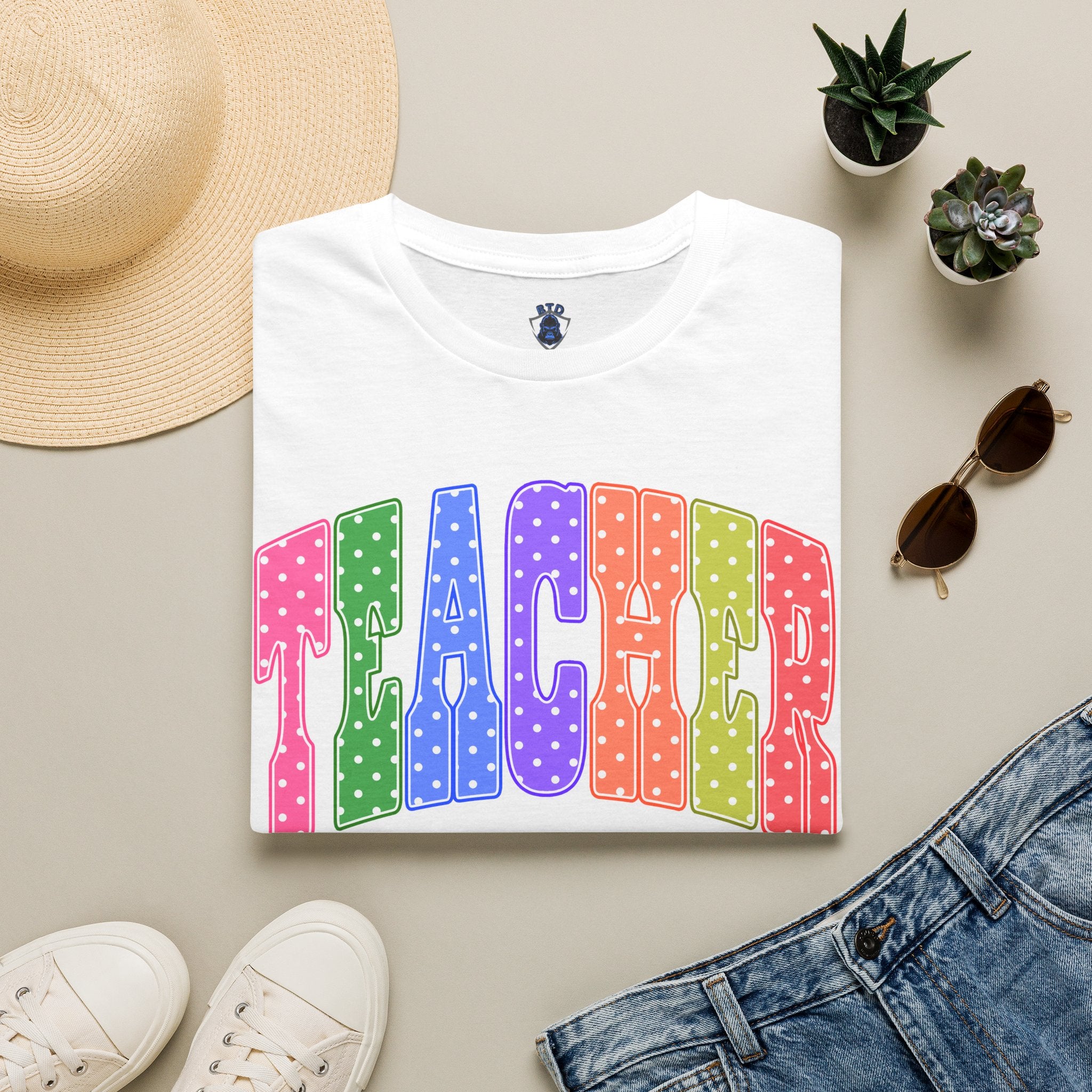 Teacher Colorblock Polka Dot T-Shirt — Bright Rainbow Educator Tee