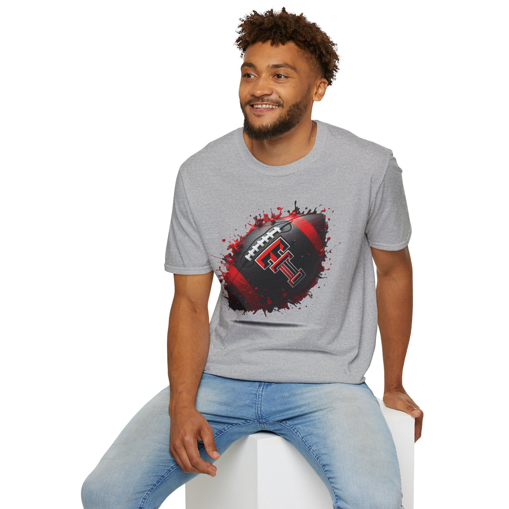 Texas Tech Football Tee — Red & Black Splash Football Design