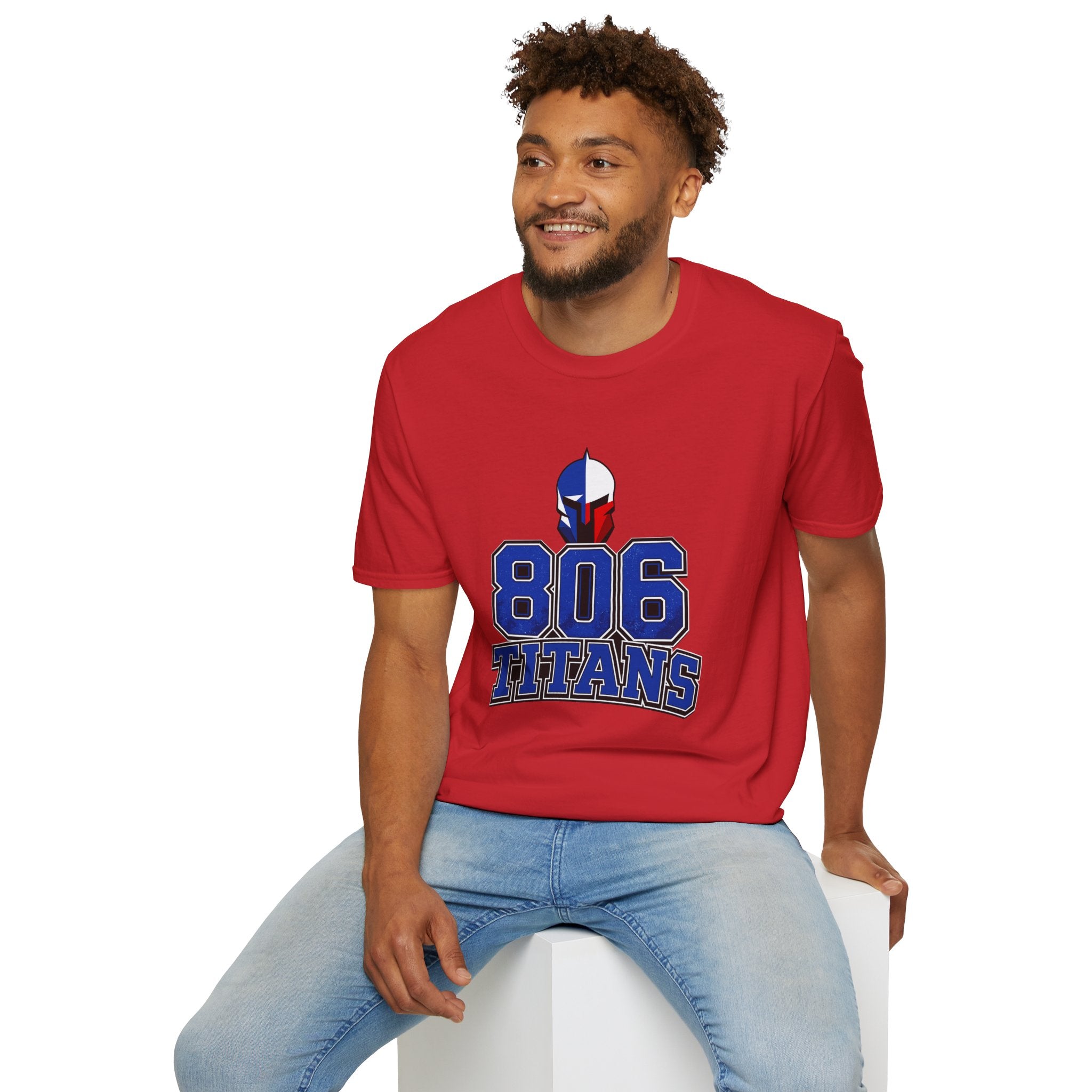 806 Titans T-Shirt — Spartan Helmet Logo Blue & Red Sports Tee