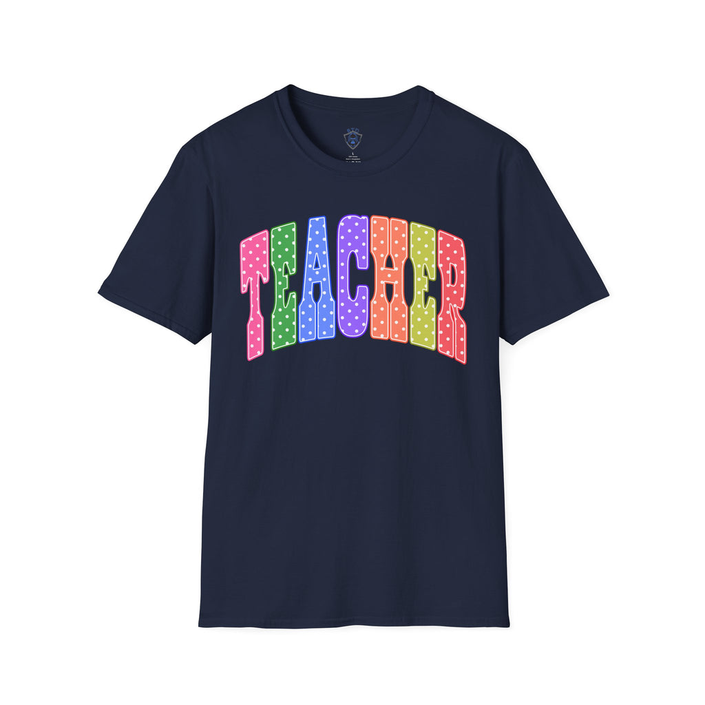 Teacher Colorblock Polka Dot T-Shirt — Bright Rainbow Educator Tee