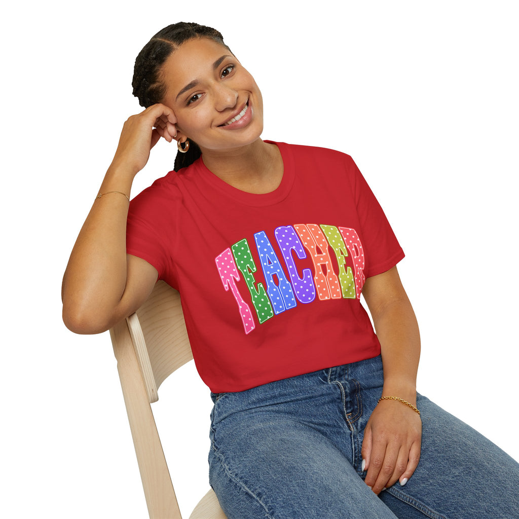 Teacher Colorblock Polka Dot T-Shirt — Bright Rainbow Educator Tee
