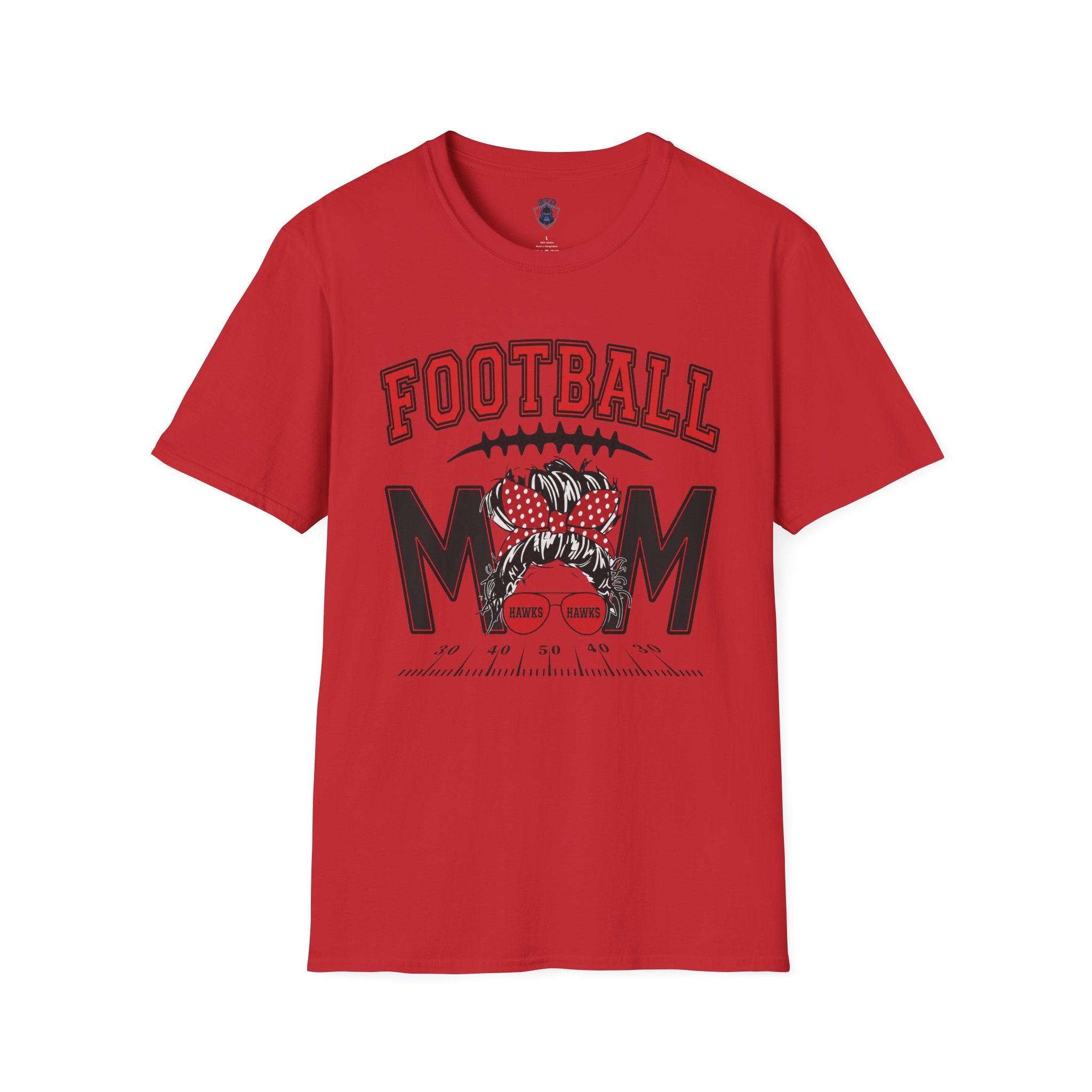 Football Mom T‑Shirt — Red Polka Dot Bow Game Day Tee