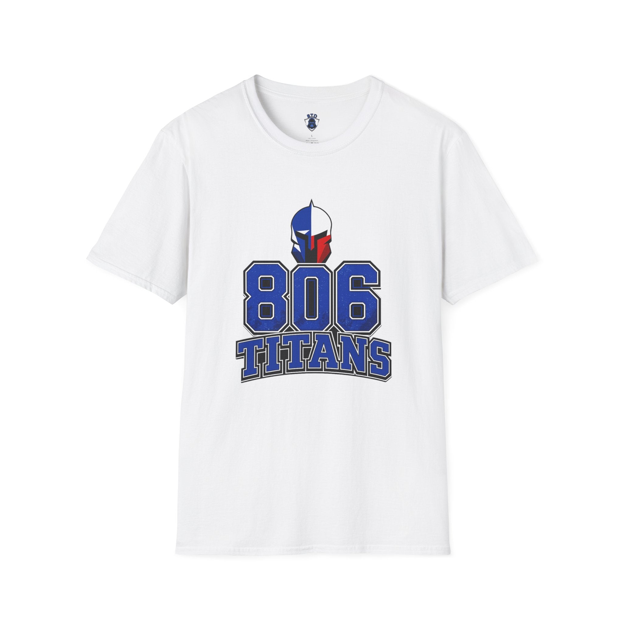 806 Titans T-Shirt — Spartan Helmet Logo Blue & Red Sports Tee