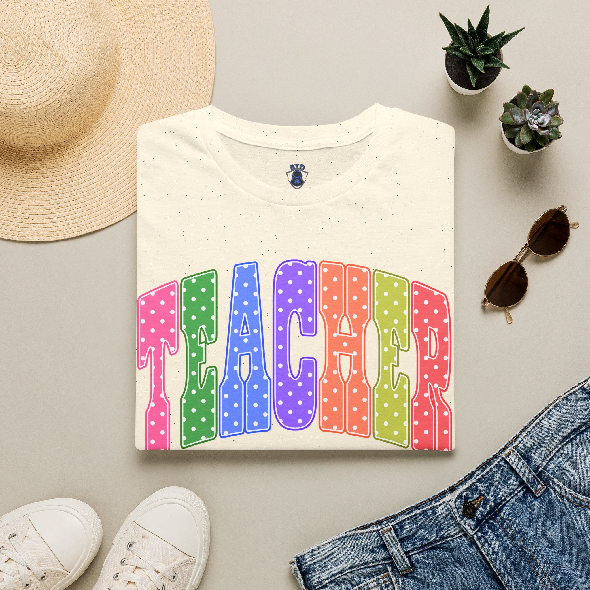 Teacher Colorblock Polka Dot T-Shirt — Bright Rainbow Educator Tee