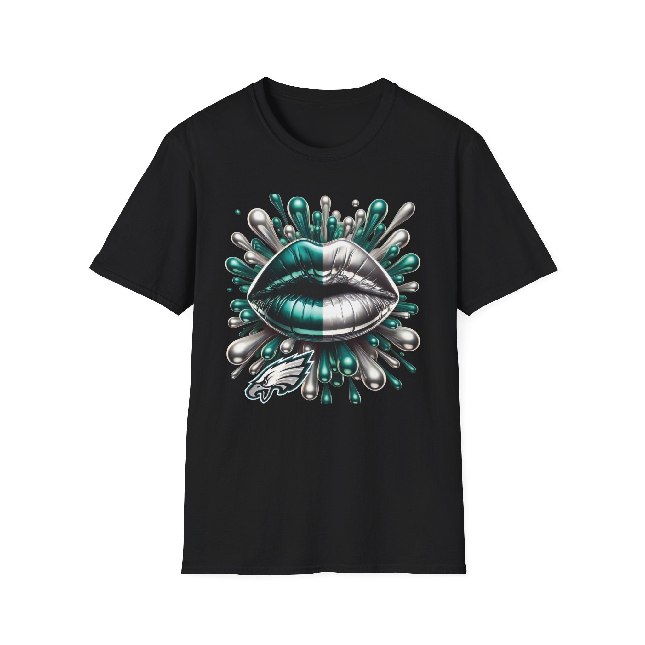 Graphic Tee — Metallic Teal & Silver Lip Splash Design
