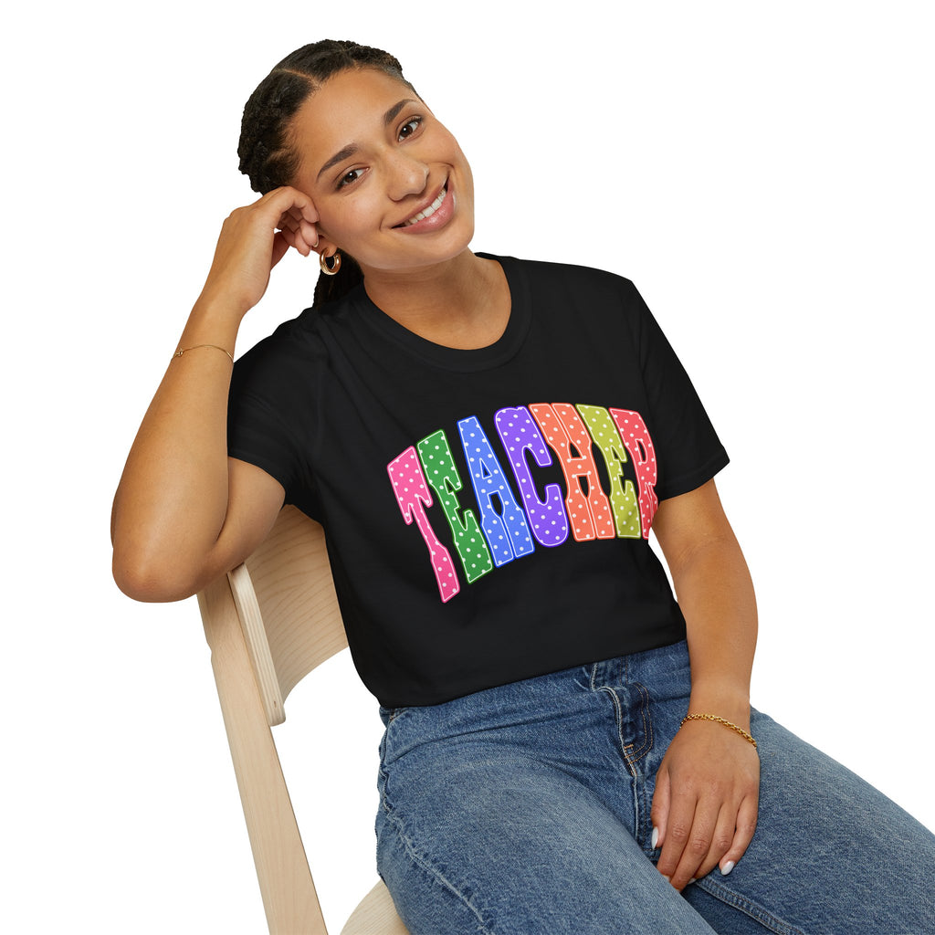 Teacher Colorblock Polka Dot T-Shirt — Bright Rainbow Educator Tee