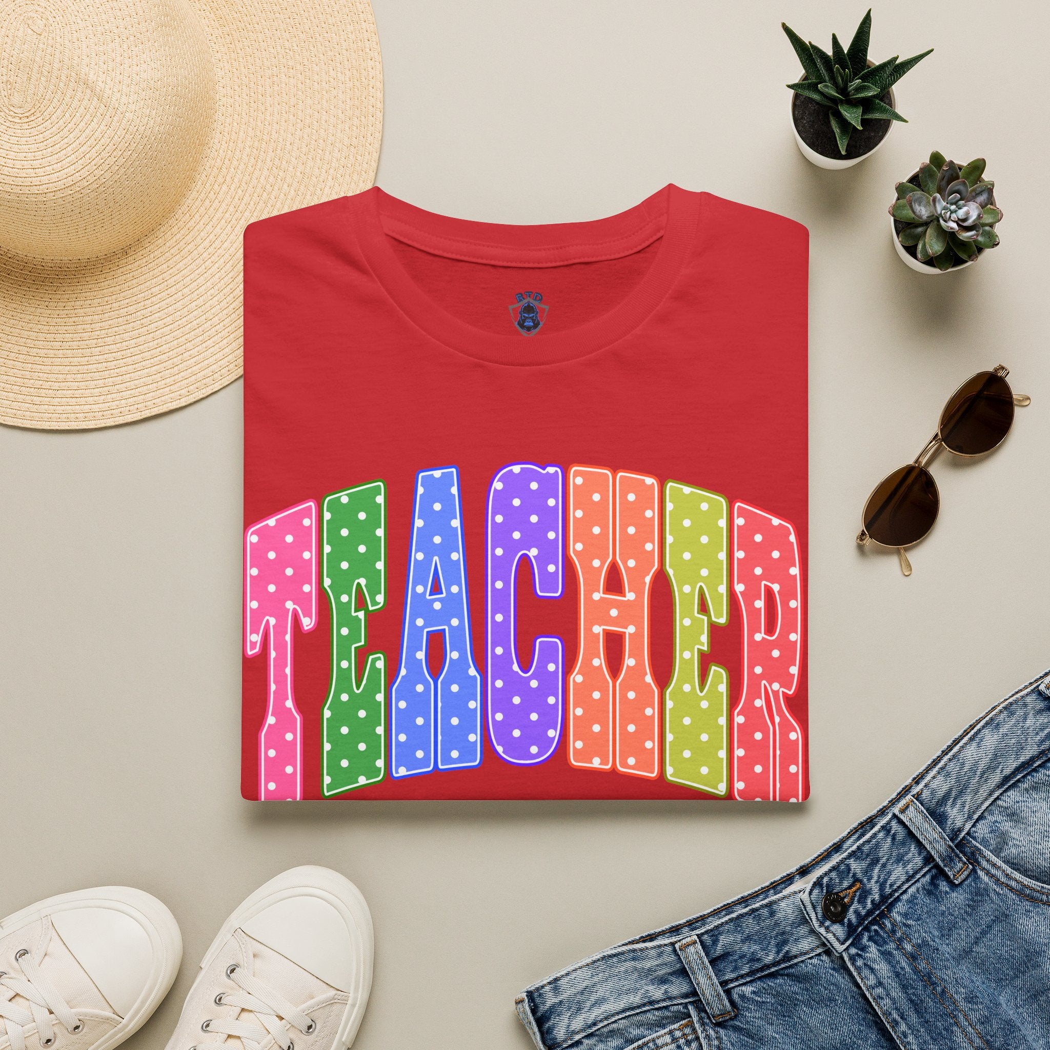 Teacher Colorblock Polka Dot T-Shirt — Bright Rainbow Educator Tee