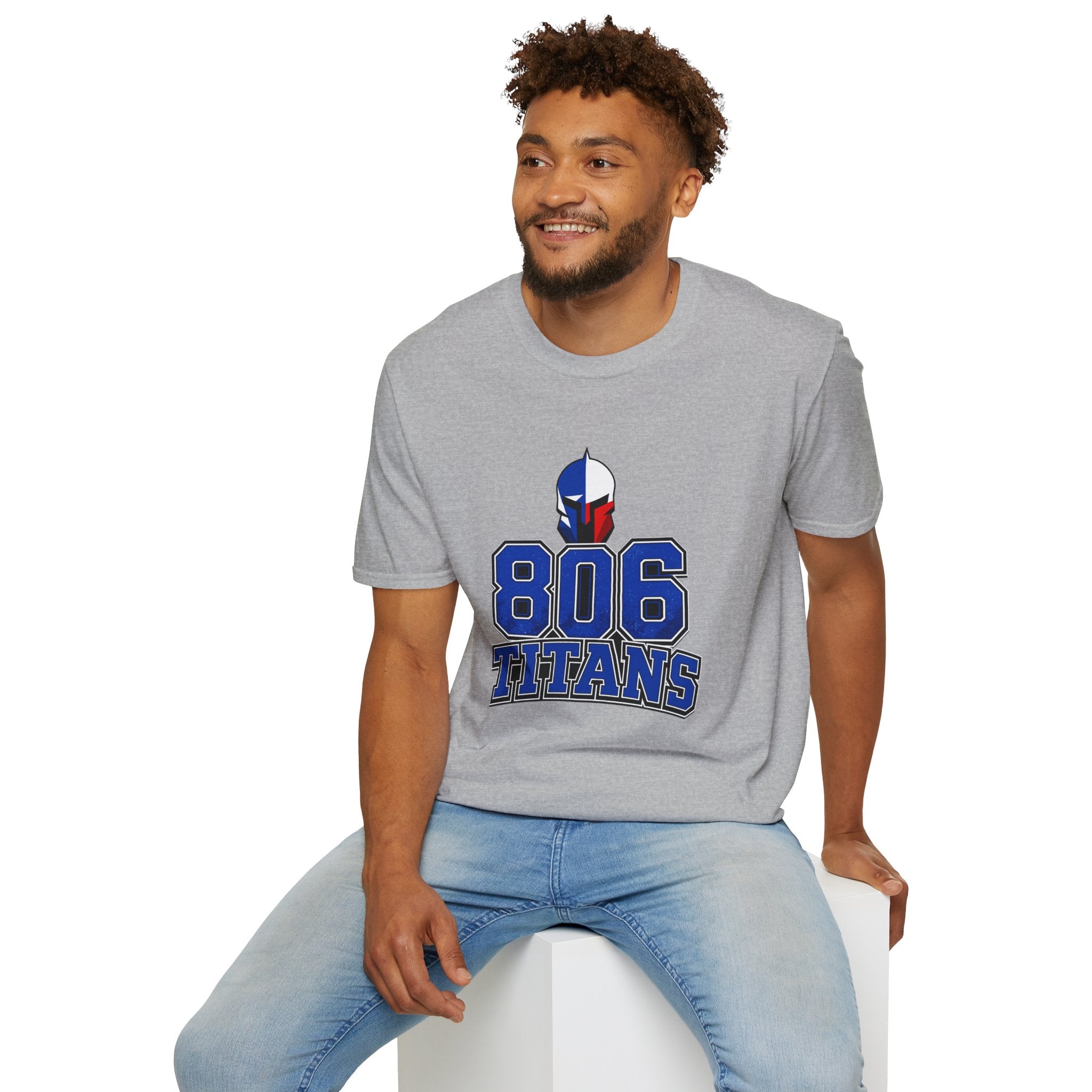 806 Titans T-Shirt — Spartan Helmet Logo Blue & Red Sports Tee