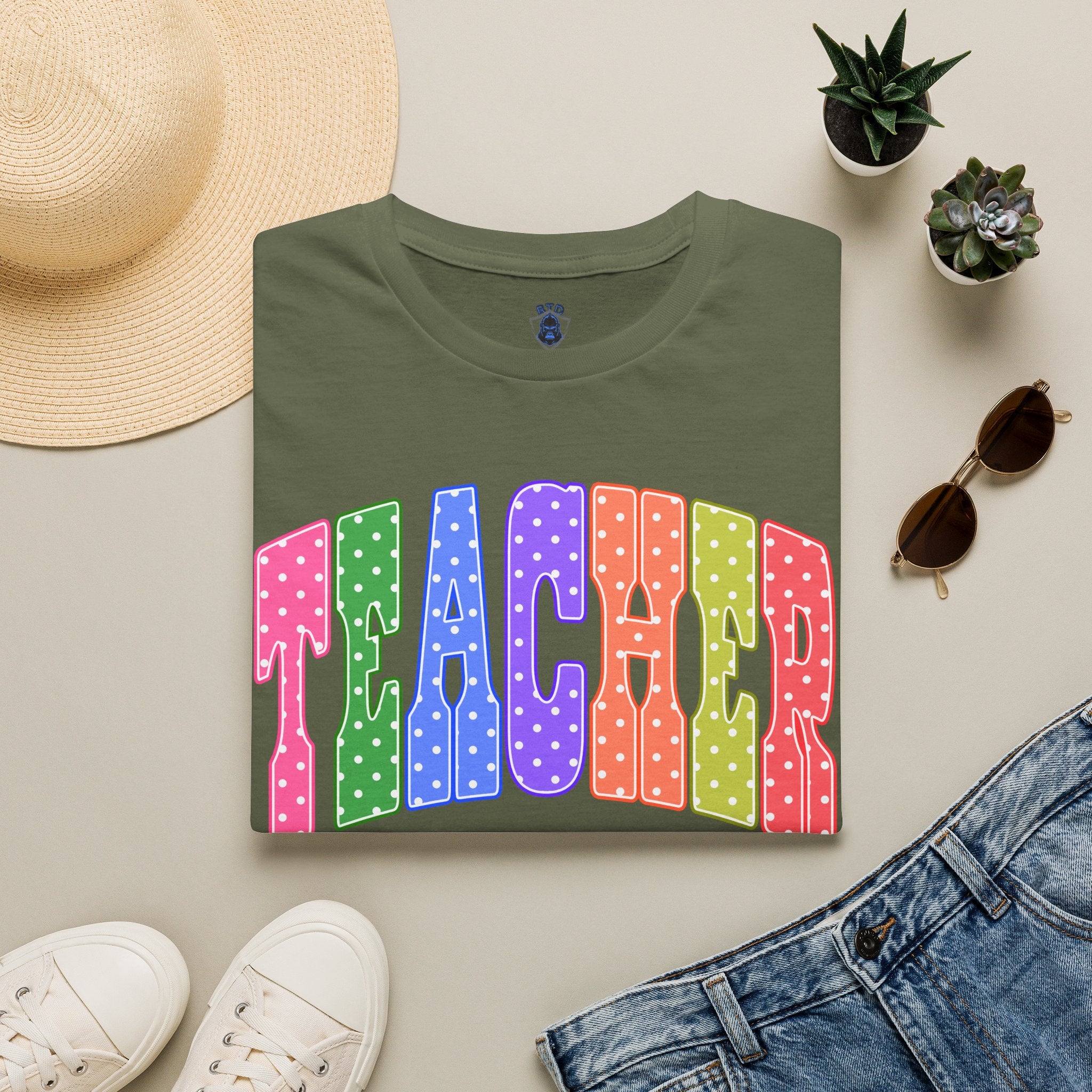 Teacher Colorblock Polka Dot T-Shirt — Bright Rainbow Educator Tee