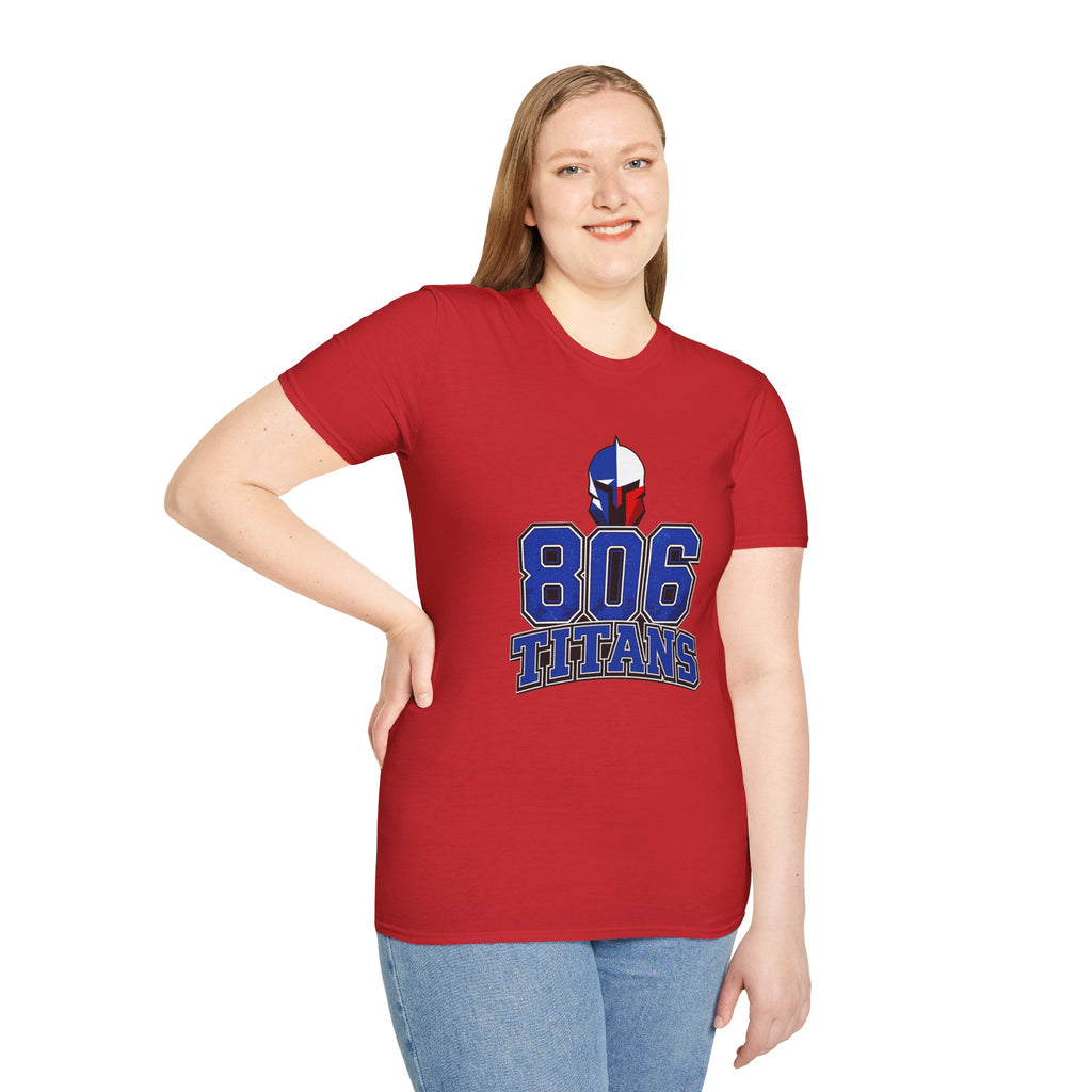 806 Titans T-Shirt — Spartan Helmet Logo Blue & Red Sports Tee