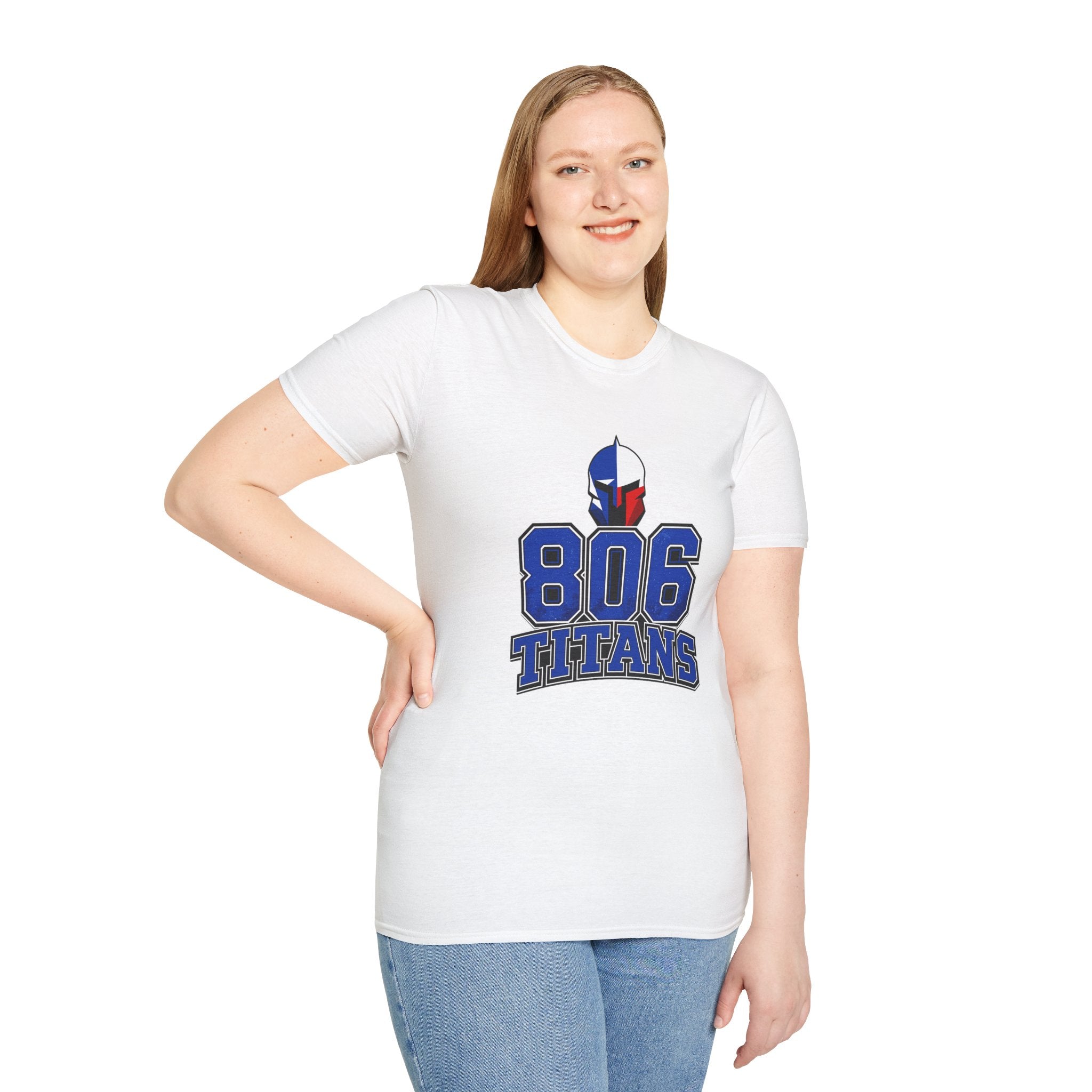 806 Titans T-Shirt — Spartan Helmet Logo Blue & Red Sports Tee