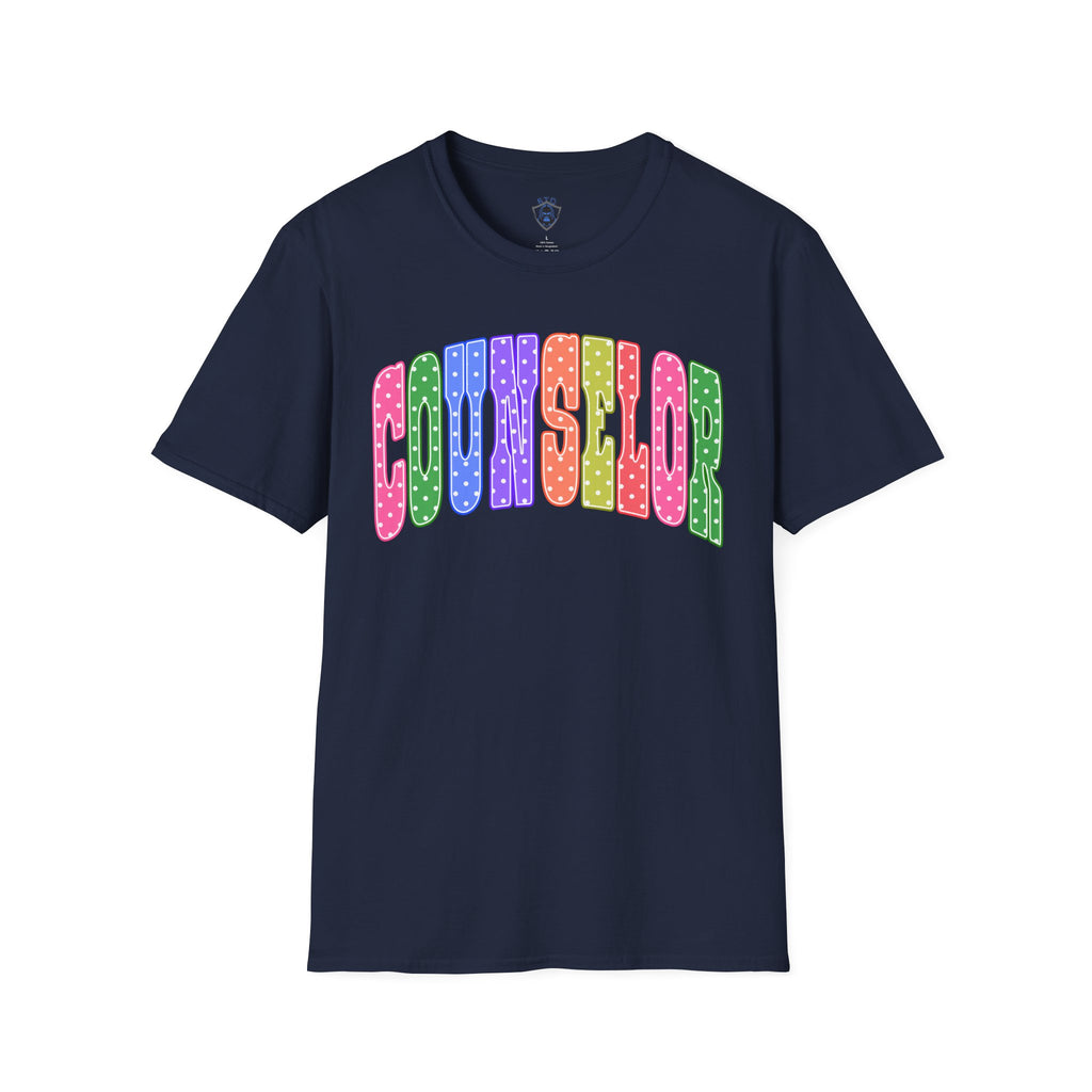 Counselor Rainbow Polka Dot T-Shirt — Colorful Retro School Staff Tee