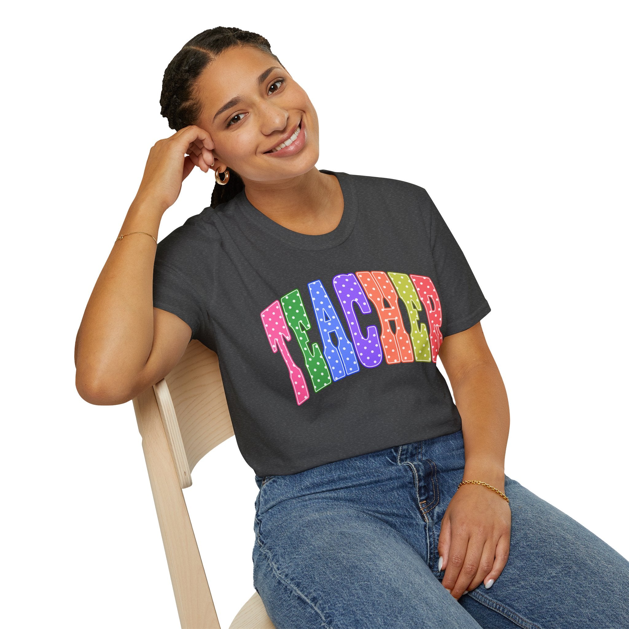 Teacher Colorblock Polka Dot T-Shirt — Bright Rainbow Educator Tee