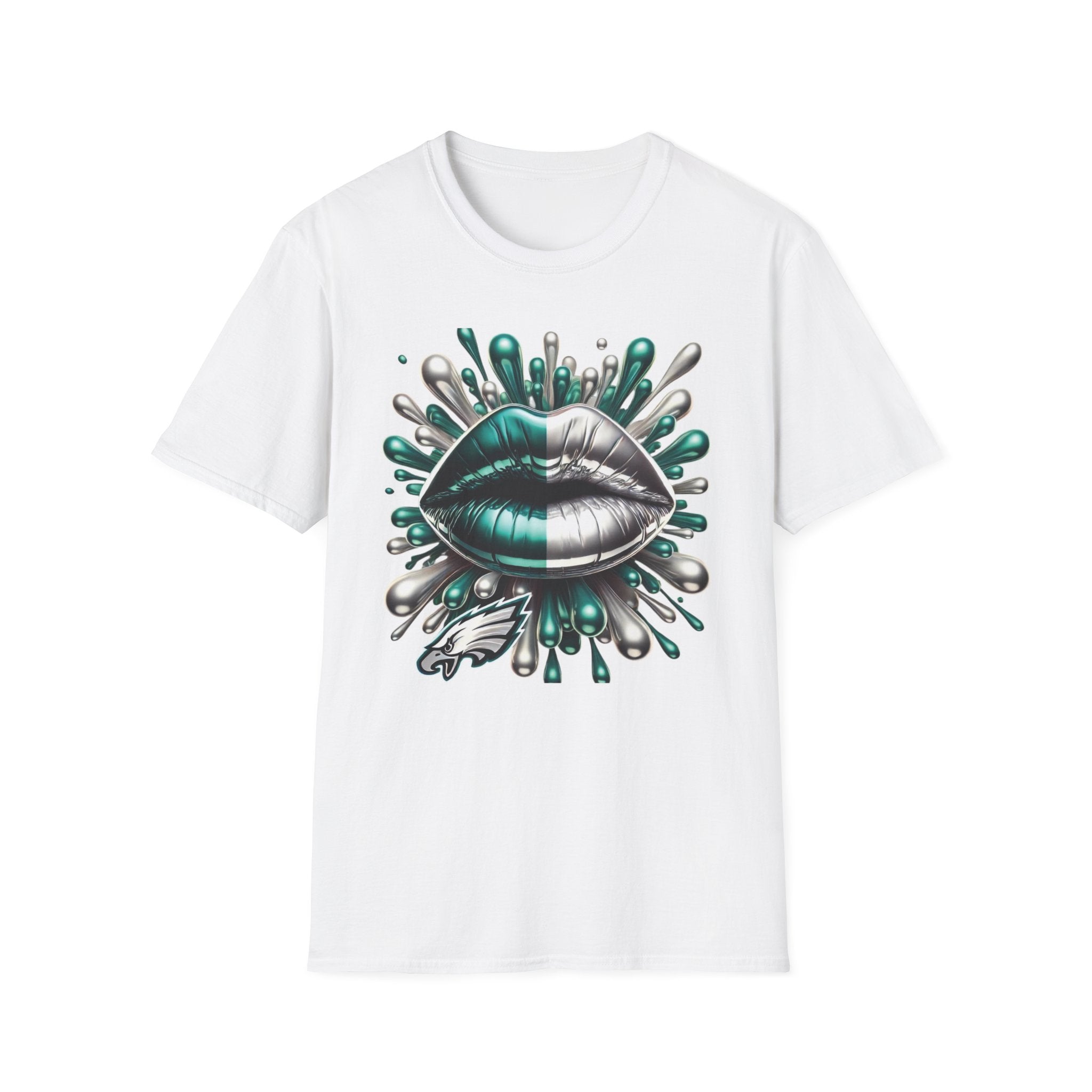 Graphic Tee — Metallic Teal & Silver Lip Splash Design