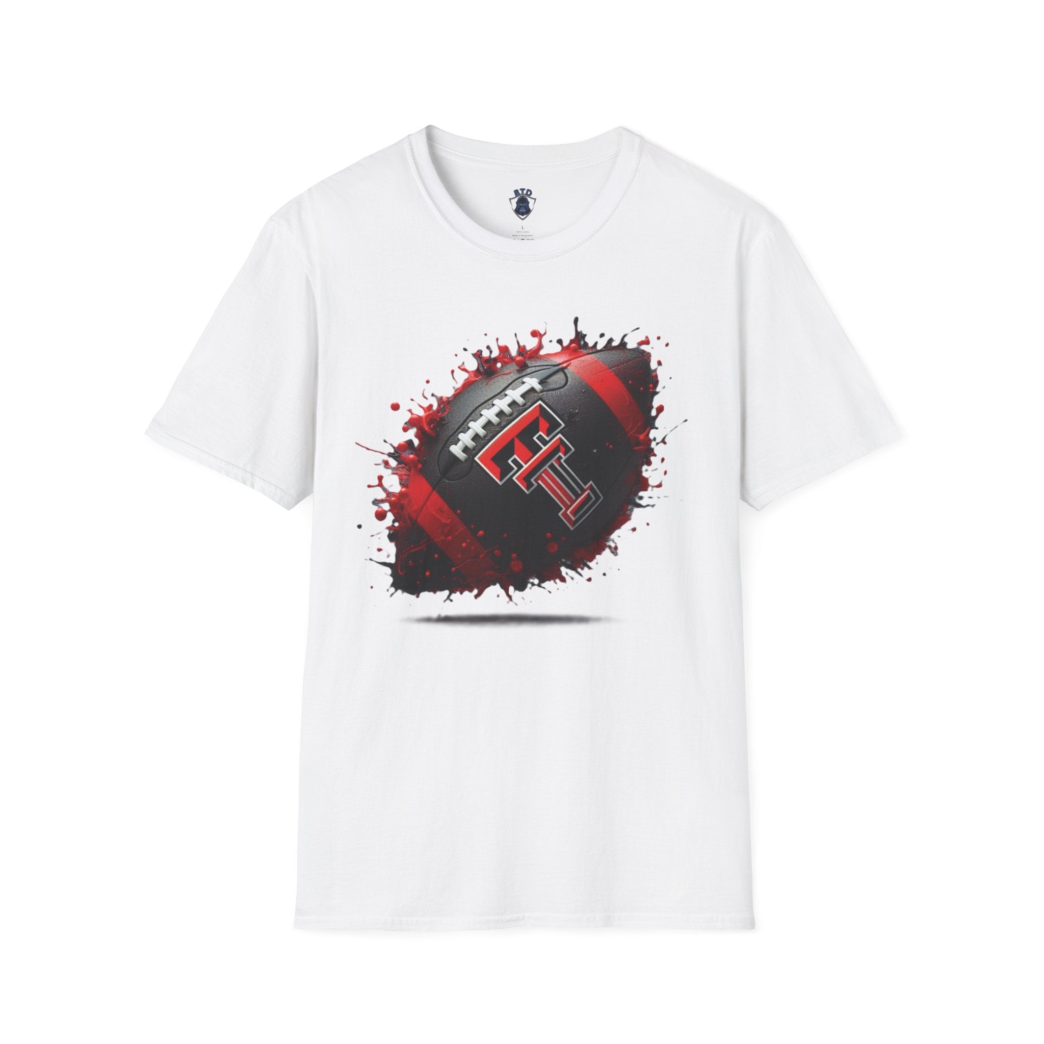 Texas Tech Football Tee — Red & Black Splash Football Design