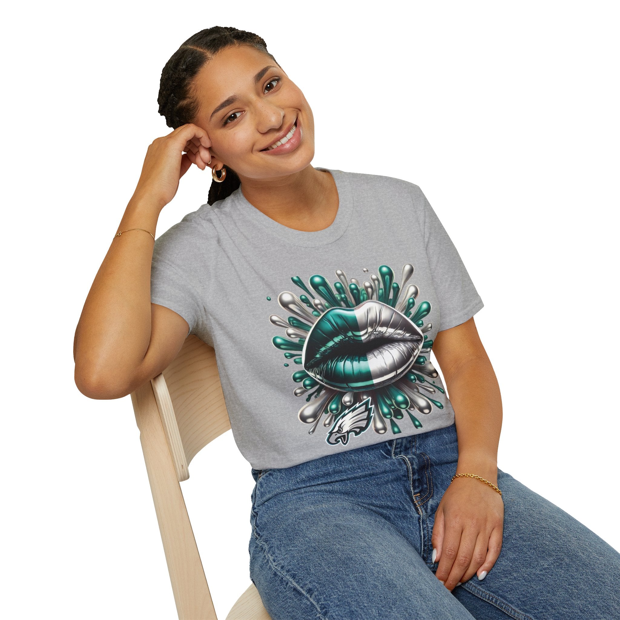 Graphic Tee — Metallic Teal & Silver Lip Splash Design