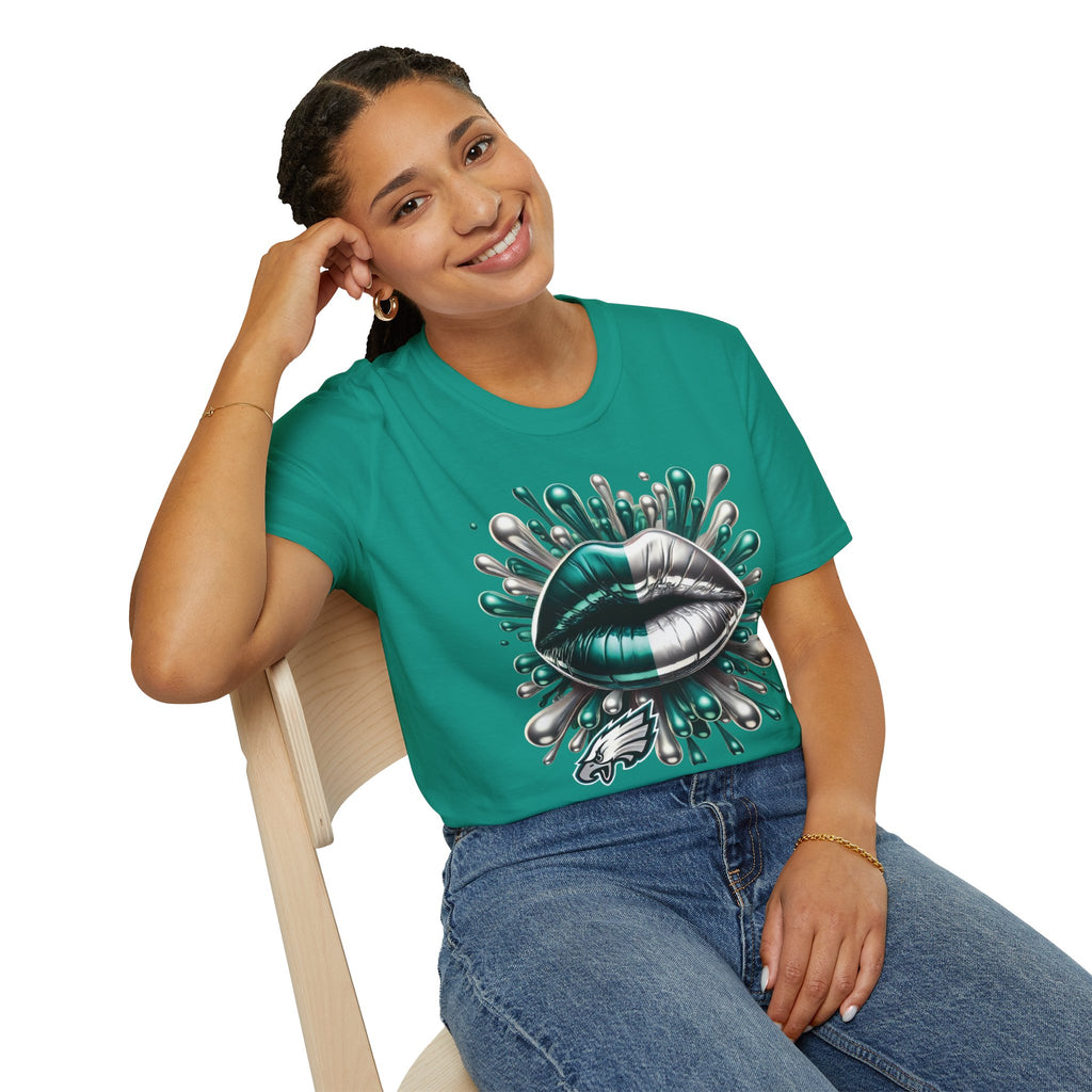 Graphic Tee — Metallic Teal & Silver Lip Splash Design
