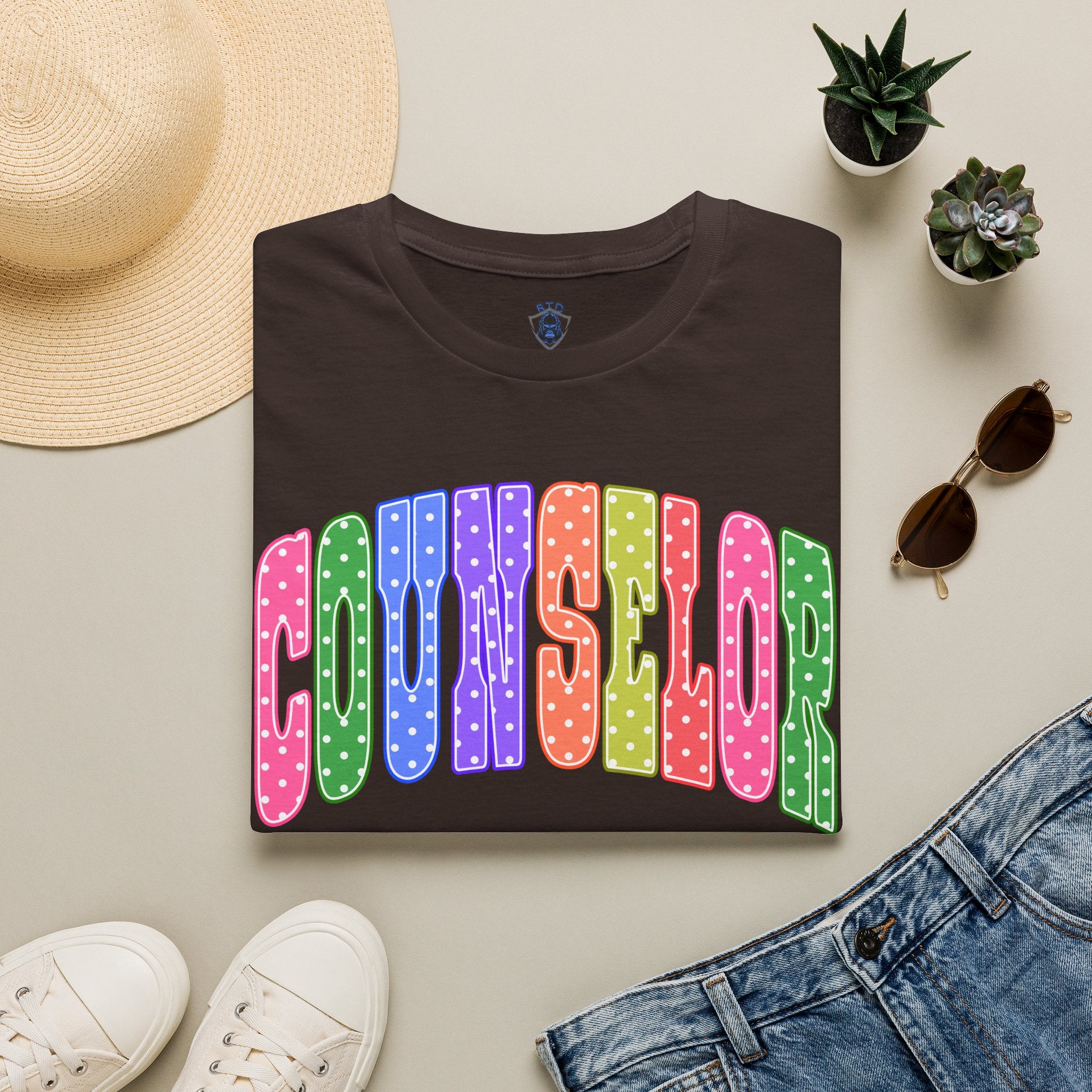 Counselor Rainbow Polka Dot T-Shirt — Colorful Retro School Staff Tee