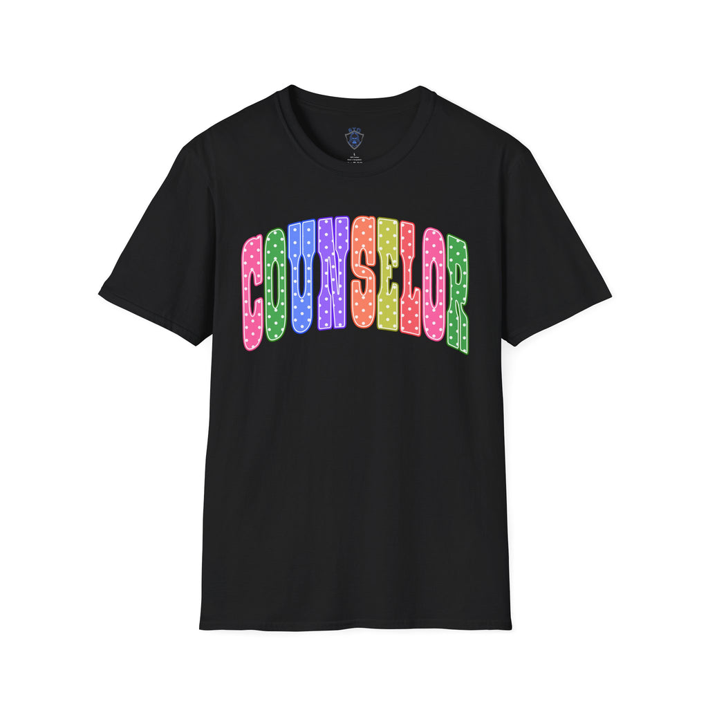 Counselor Rainbow Polka Dot T-Shirt — Colorful Retro School Staff Tee