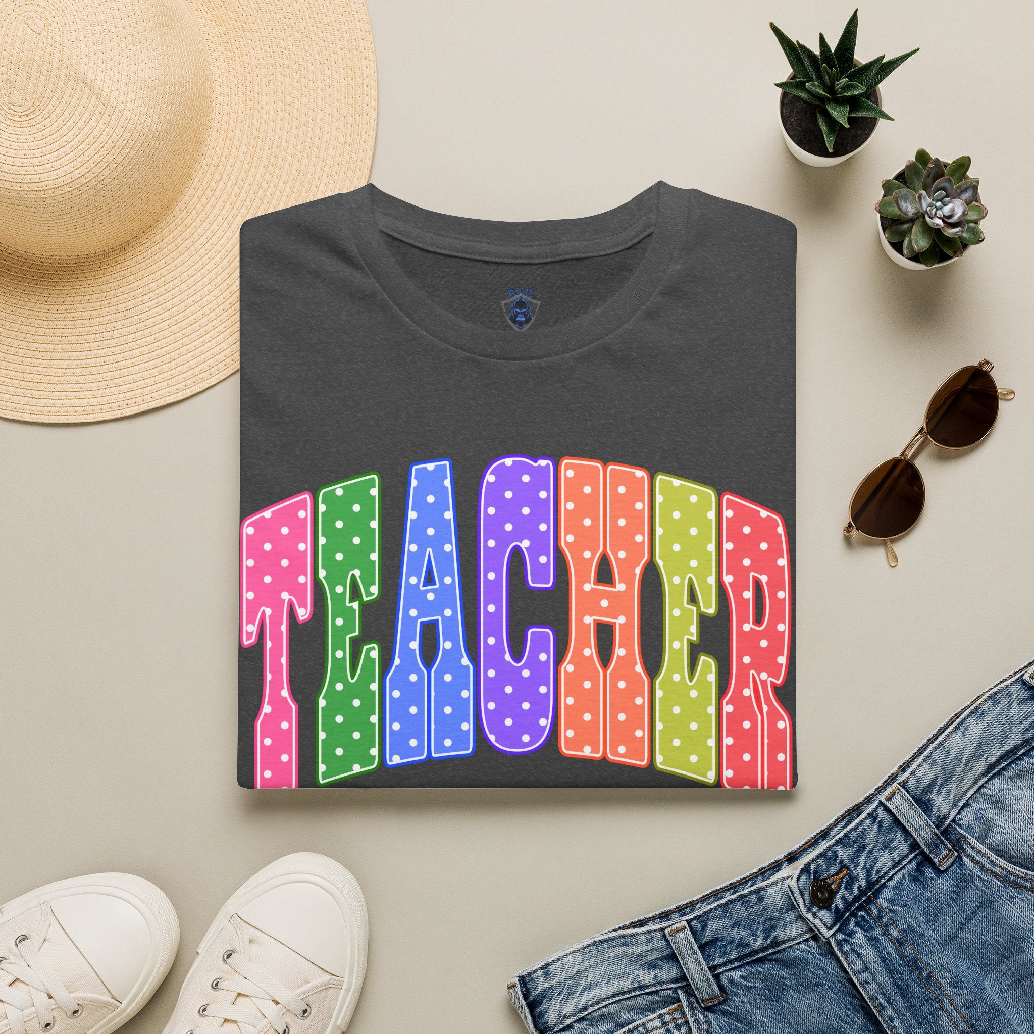 Teacher Colorblock Polka Dot T-Shirt — Bright Rainbow Educator Tee