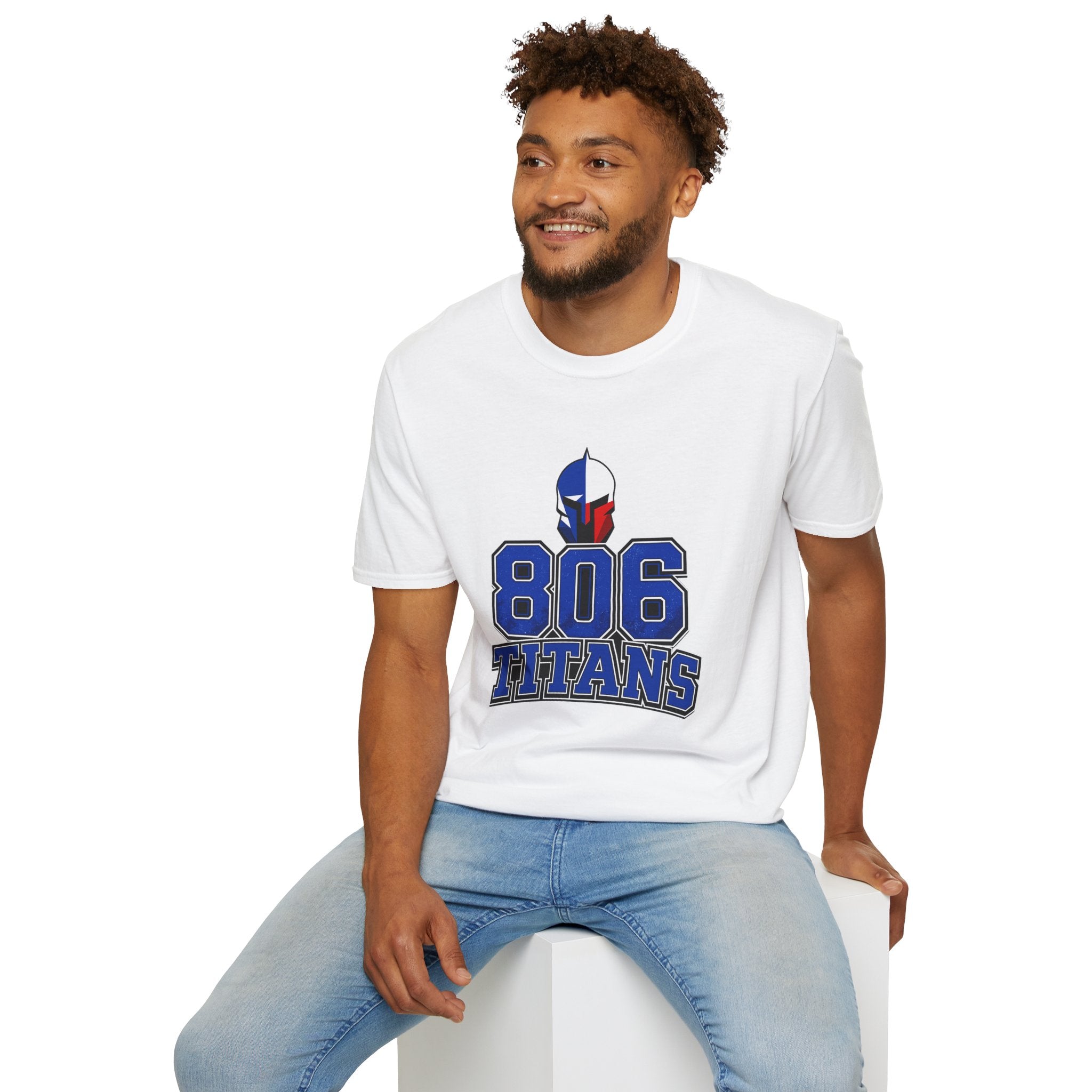 806 Titans T-Shirt — Spartan Helmet Logo Blue & Red Sports Tee