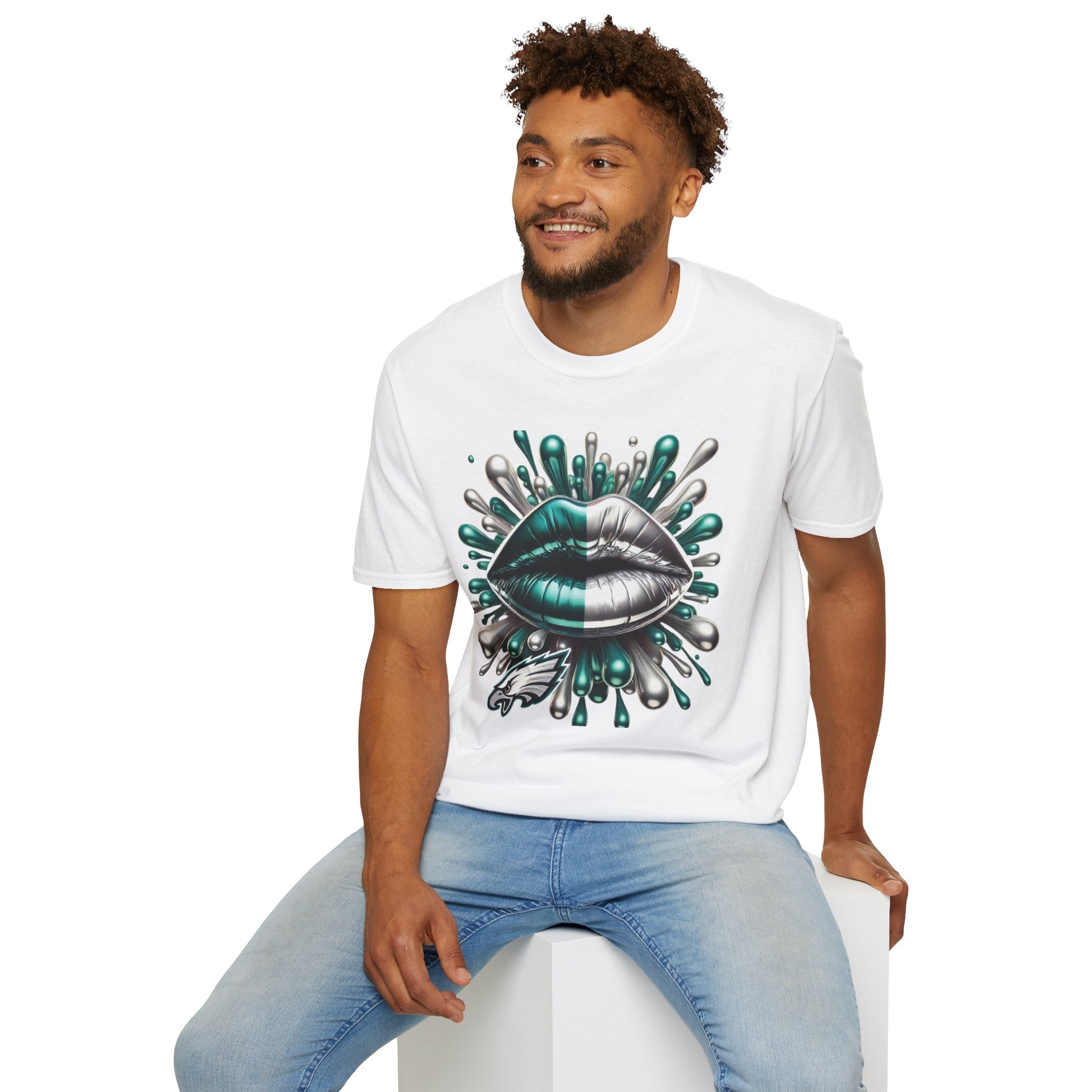 Graphic Tee — Metallic Teal & Silver Lip Splash Design