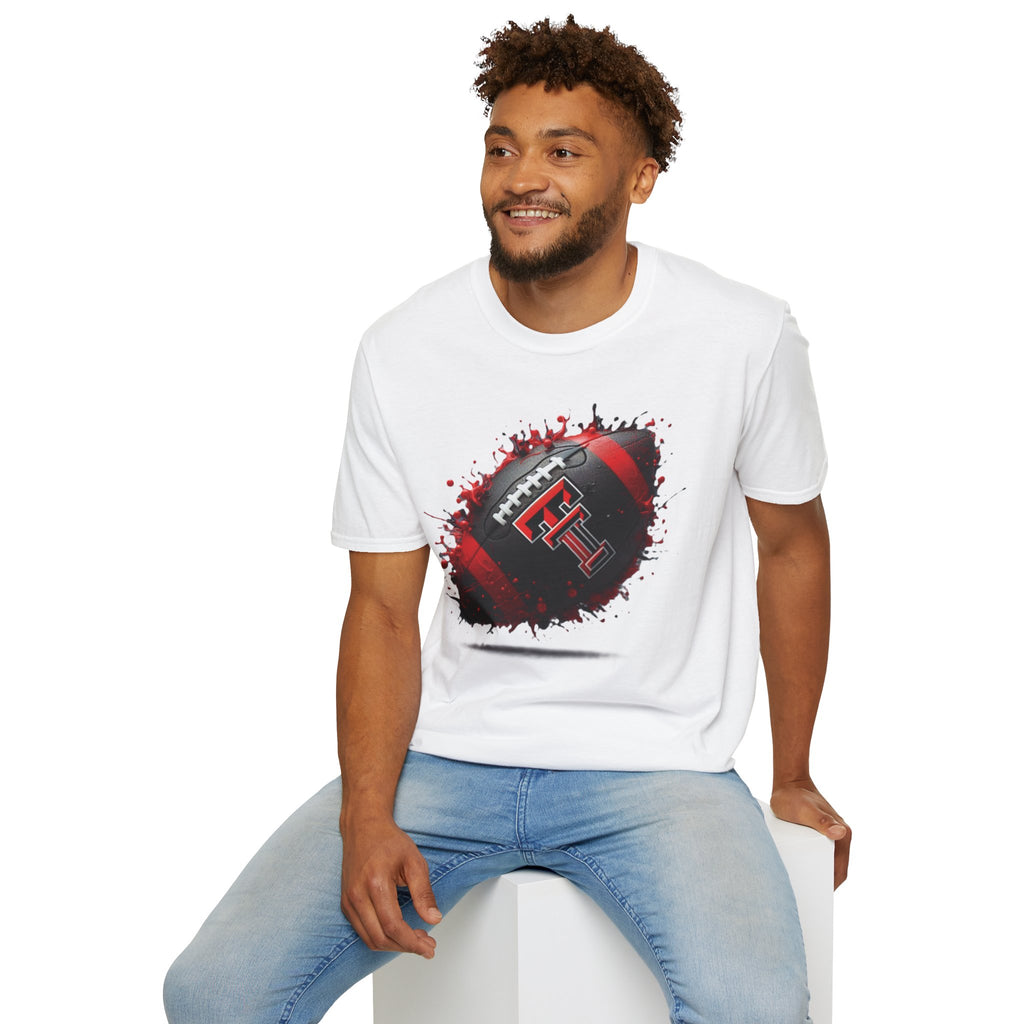 Texas Tech Football Tee — Red & Black Splash Football Design