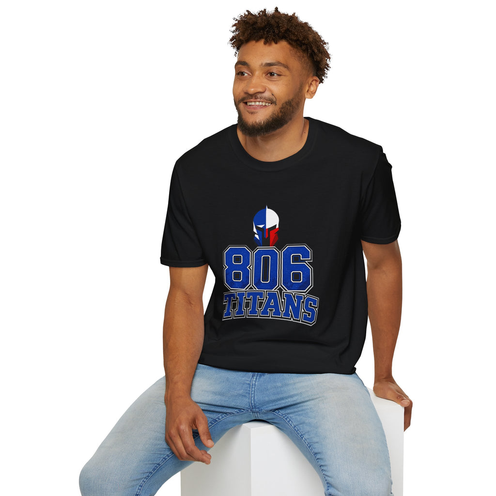 806 Titans T-Shirt — Spartan Helmet Logo Blue & Red Sports Tee