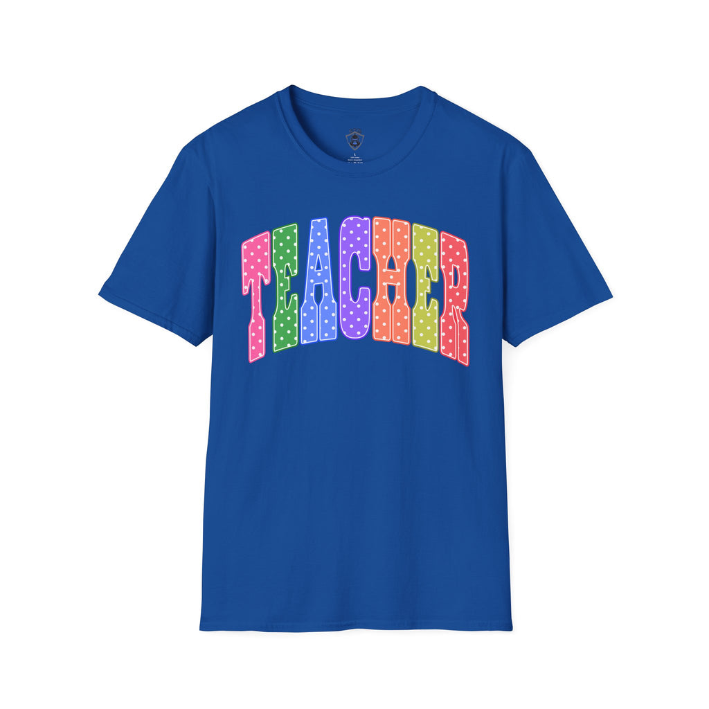 Teacher Colorblock Polka Dot T-Shirt — Bright Rainbow Educator Tee