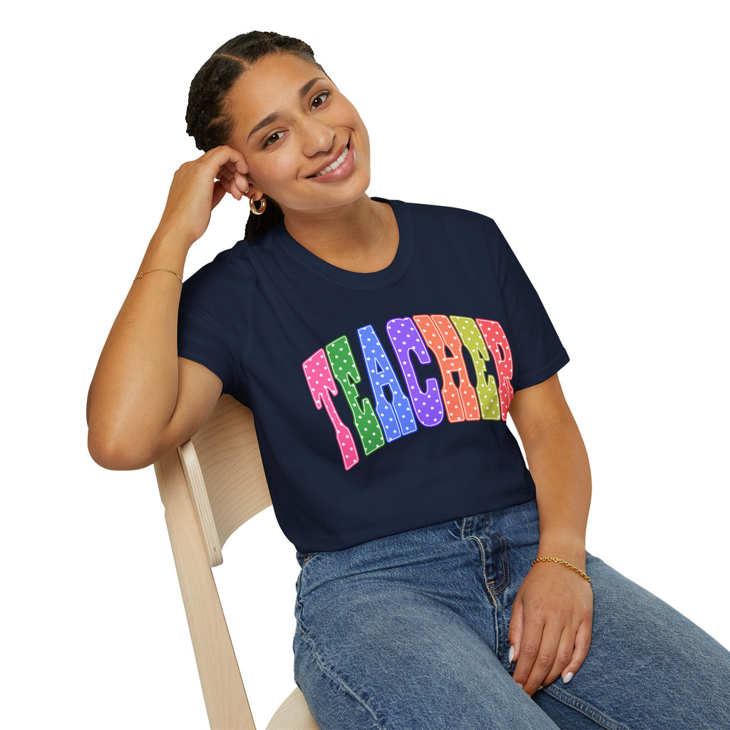 Teacher Colorblock Polka Dot T-Shirt — Bright Rainbow Educator Tee