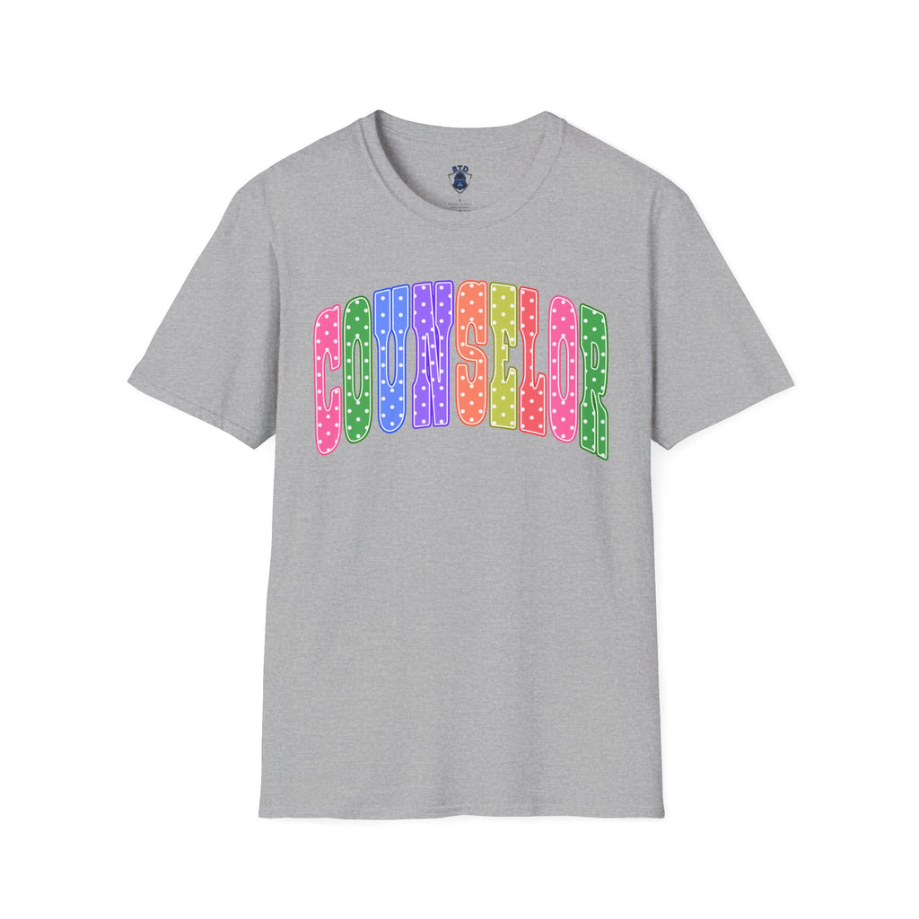 Counselor Rainbow Polka Dot T-Shirt — Colorful Retro School Staff Tee