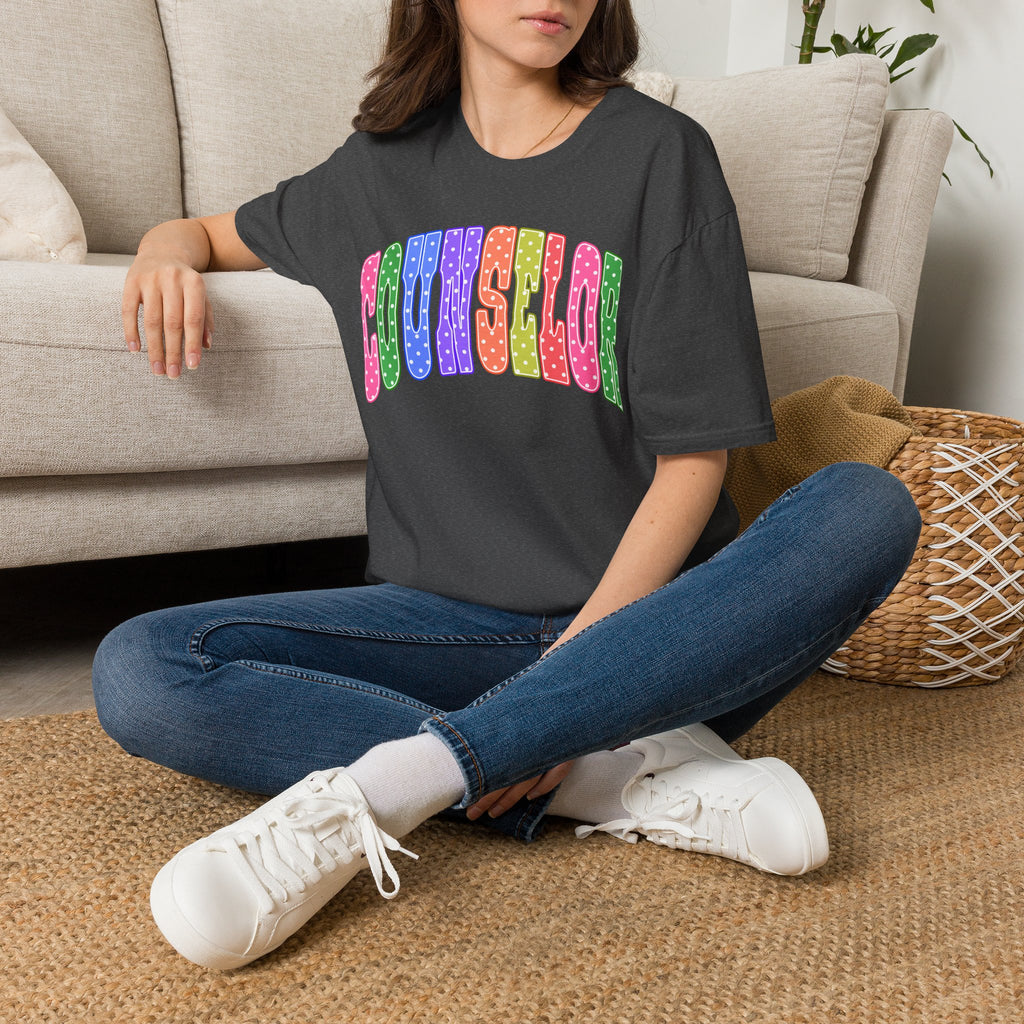 Counselor Rainbow Polka Dot T-Shirt — Colorful Retro School Staff Tee