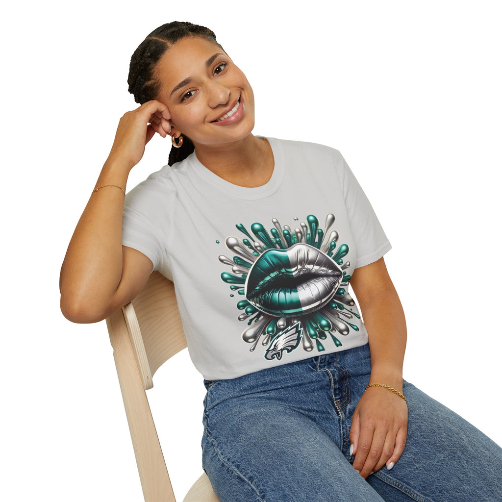 Graphic Tee — Metallic Teal & Silver Lip Splash Design