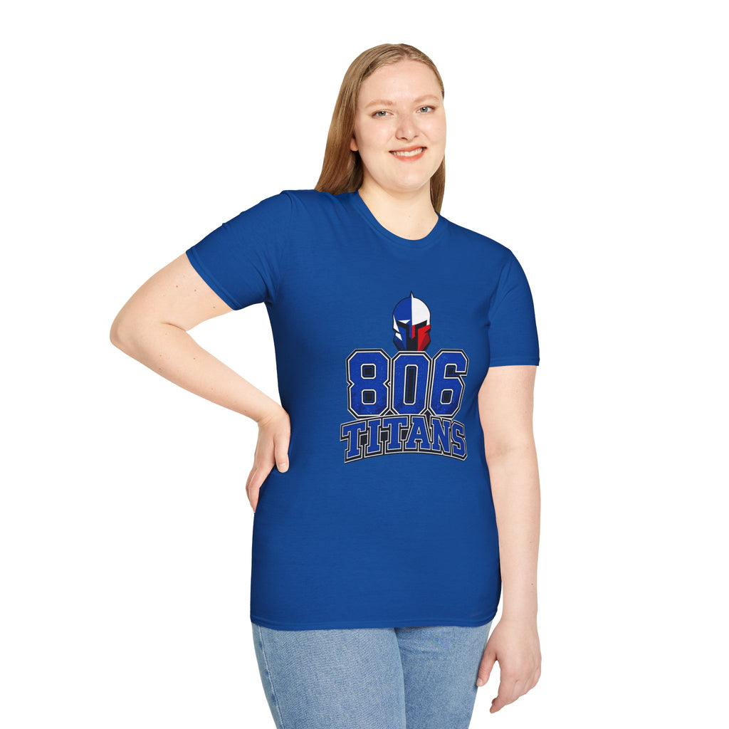 806 Titans T-Shirt — Spartan Helmet Logo Blue & Red Sports Tee