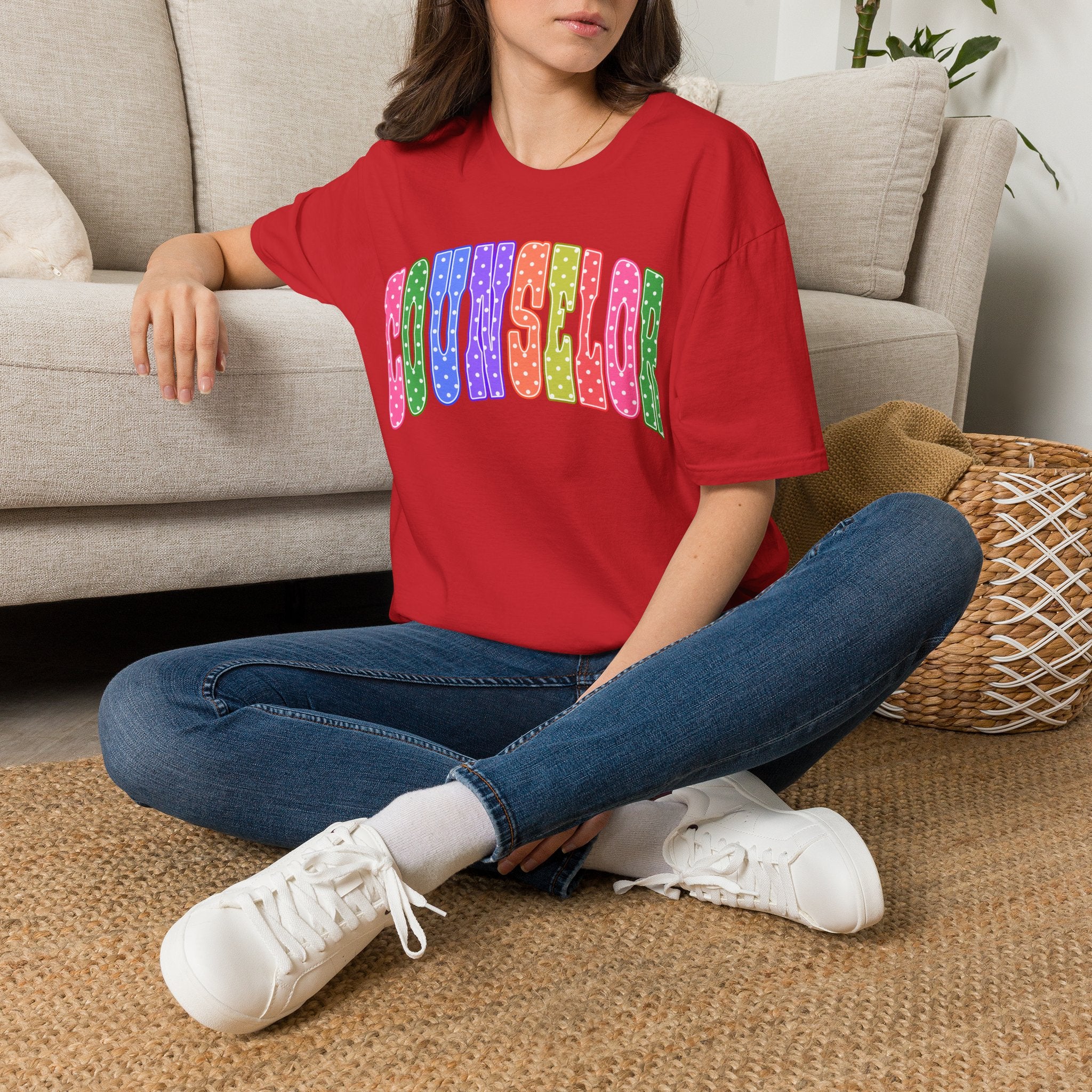 Counselor Rainbow Polka Dot T-Shirt — Colorful Retro School Staff Tee
